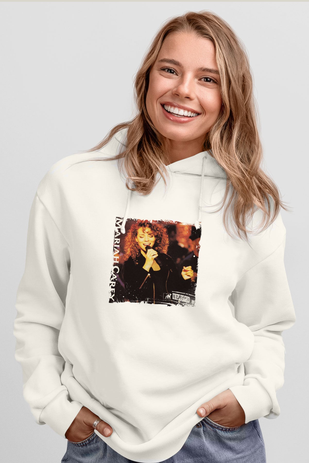 Mariah Carey Baskılı Unisex Beyaz Kapüşonlu Sweatshirt
