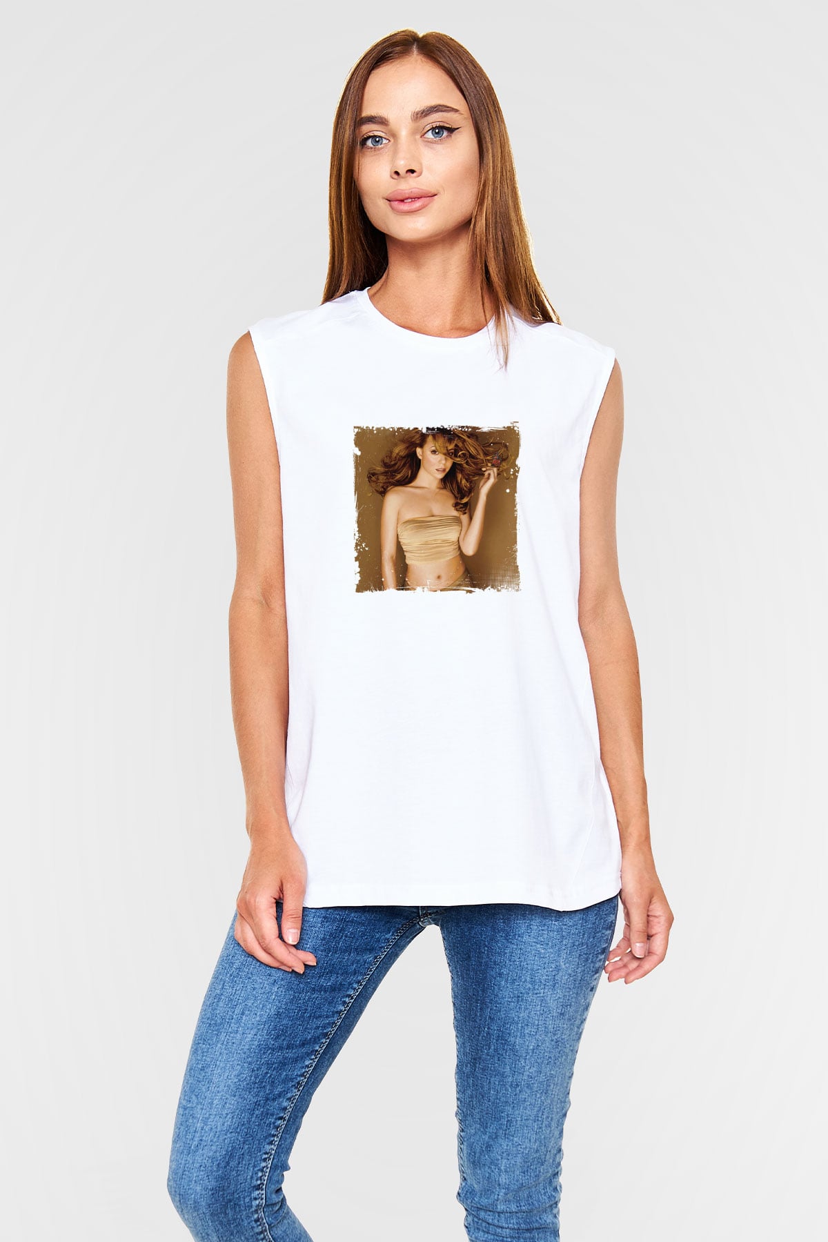 Mariah Carey Baskılı Unisex Beyaz Kolsuz Tişört