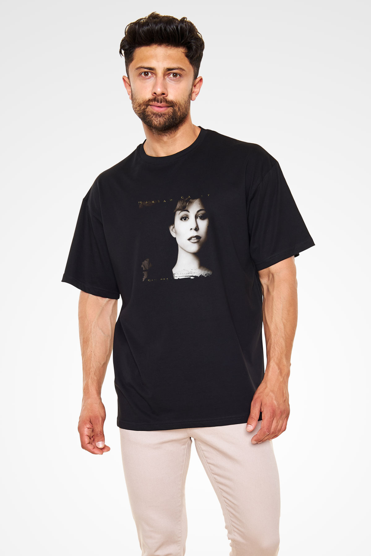Mariah Carey Baskılı Unisex Oversize Siyah Tişört