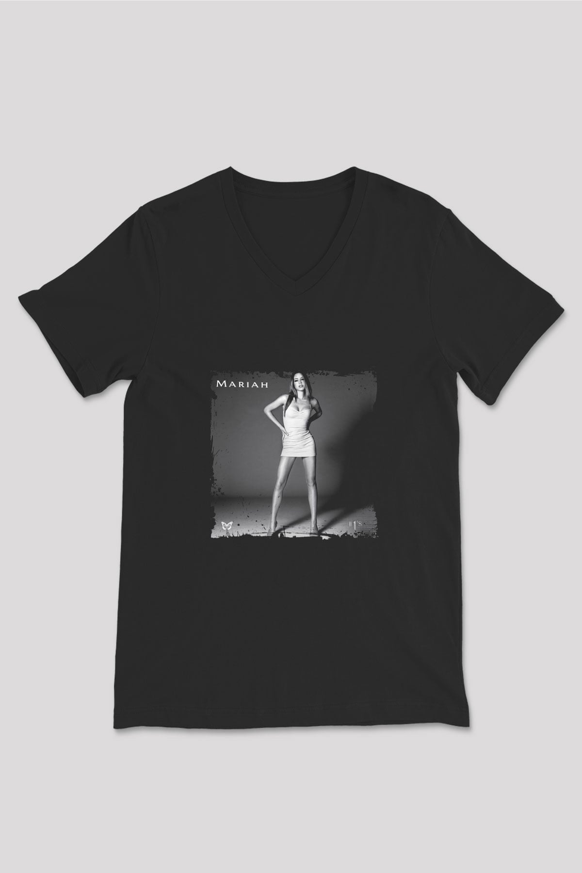 Mariah Carey Baskılı Unisex Siyah V Yaka Tişört