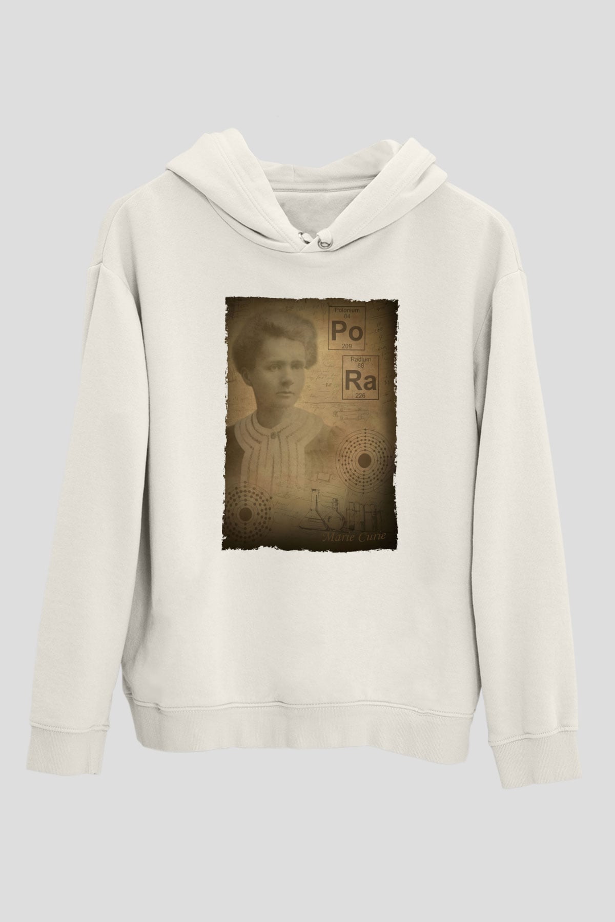 Marie Curie Baskılı Unisex Ekru Hoodie