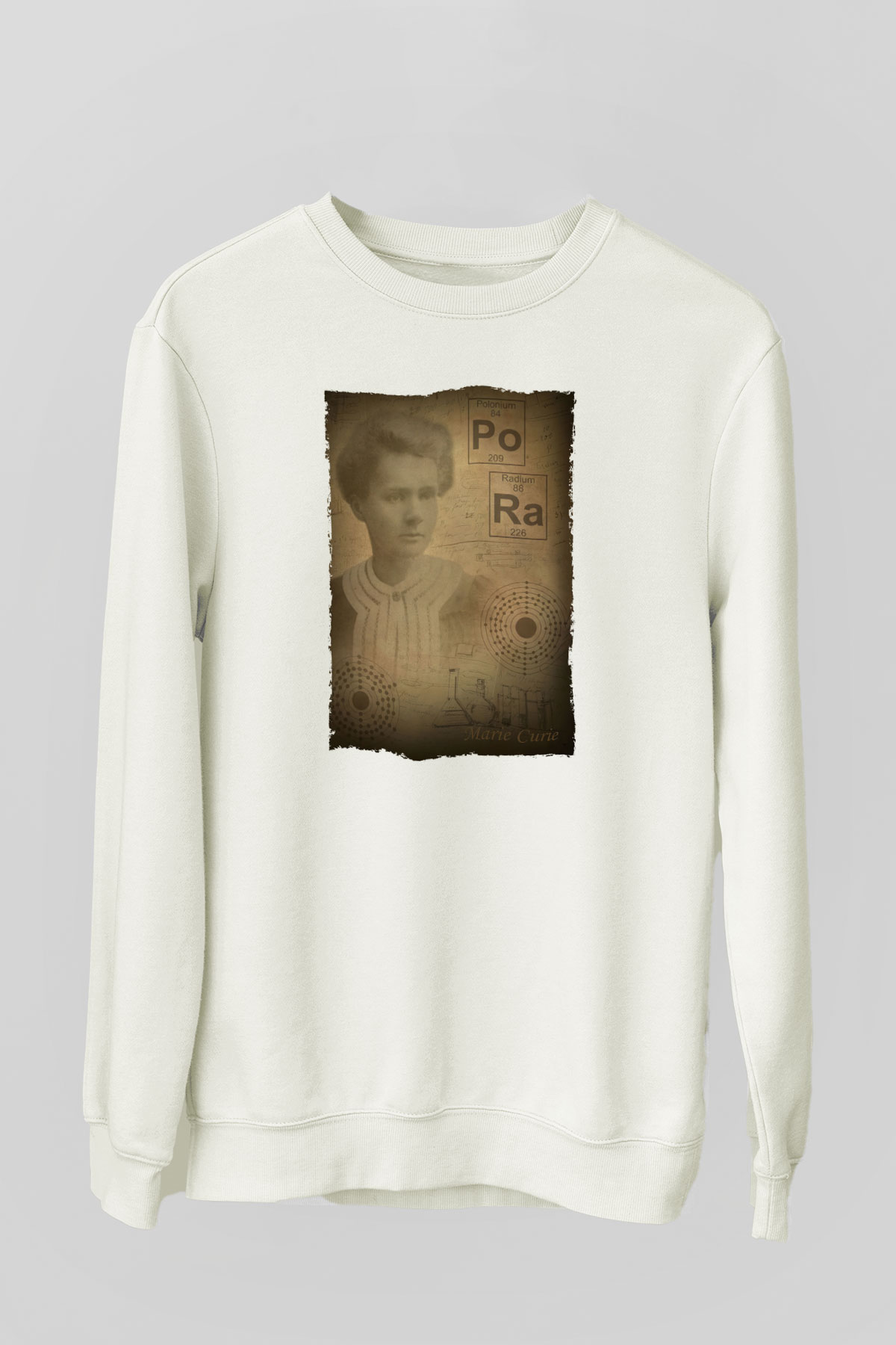 Marie Curie Baskılı Unisex Ekru Sweatshirt
