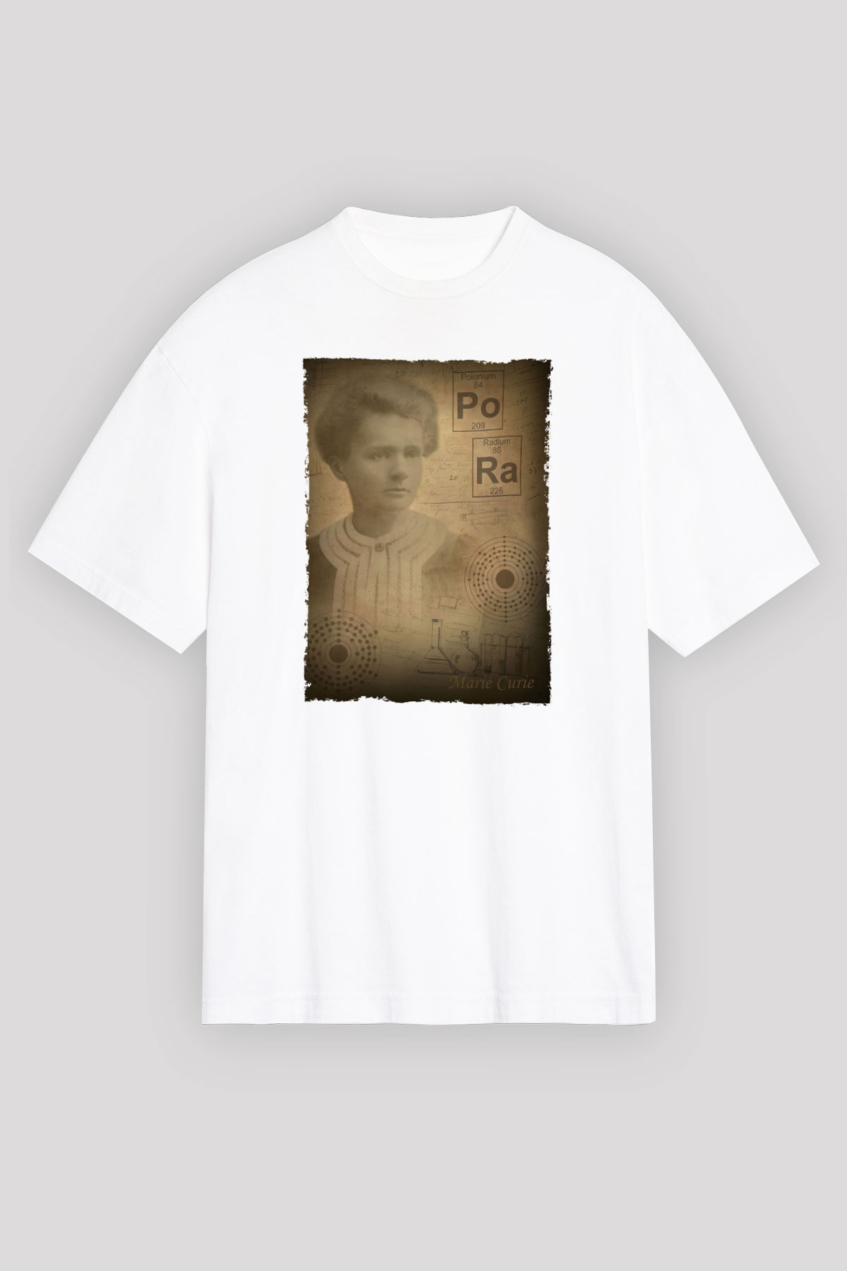 Marie Curie Baskılı Unisex Oversize Beyaz Tişört - Tshirt