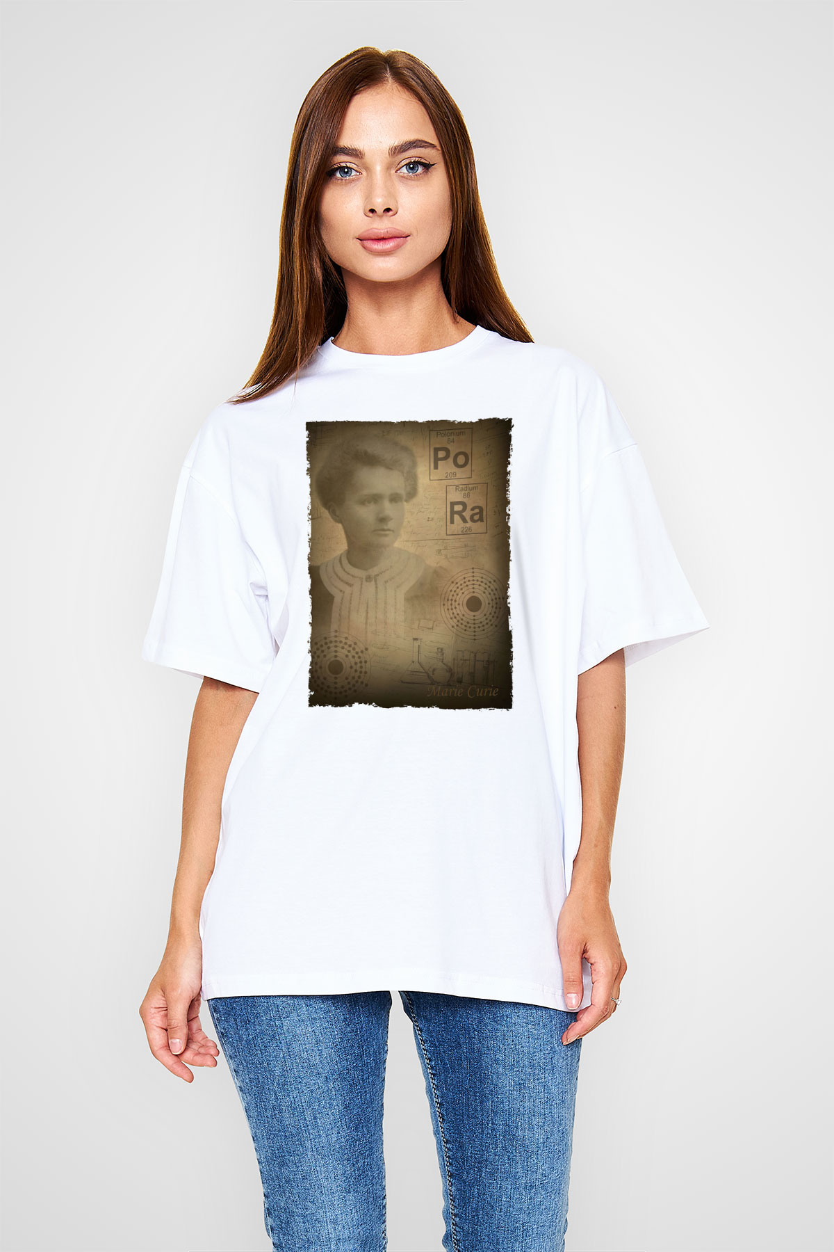 Marie Curie Baskılı Unisex Oversize Beyaz Tişört - Tshirt