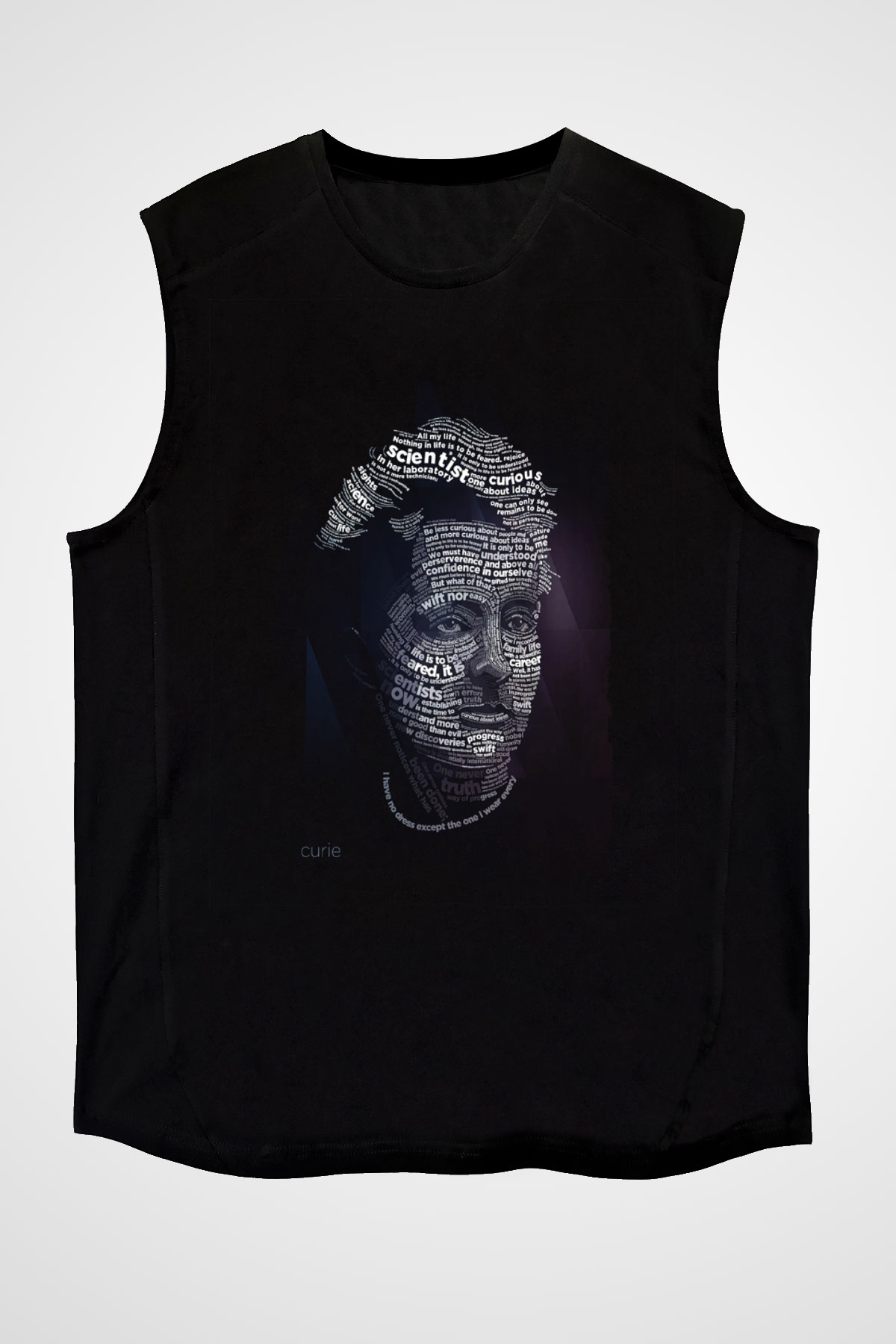 Marie Curie Tipografi Baskılı Unisex Kolsuz Siyah Tişört - Tshirt