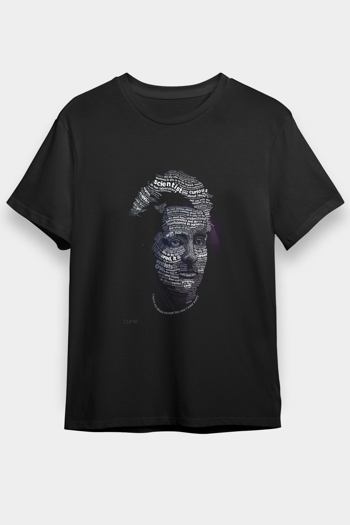 Marie Curie Tipografi Baskılı Unisex Siyah Tişört - Tshirt