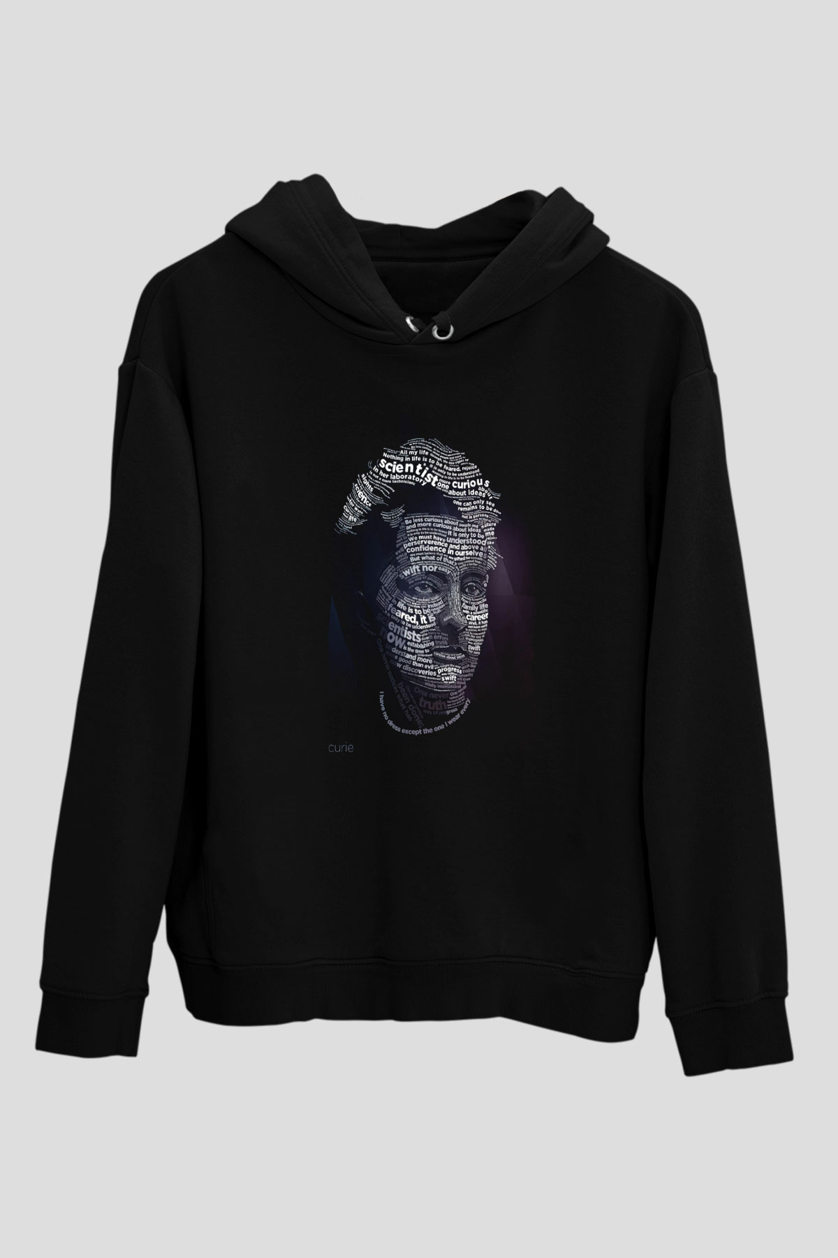 Marie Curie Tipografi Baskılı Unisex Siyah Hoodie