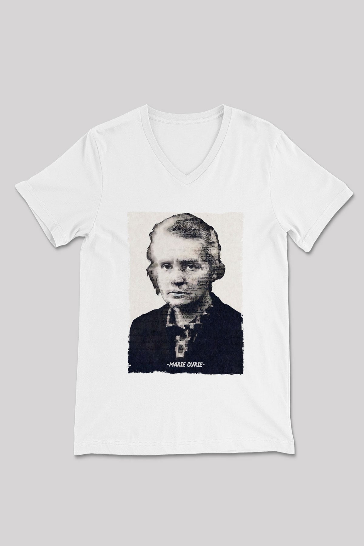 Marie Curie Yazılı Portre Baskılı Unisex V Yaka Beyaz Tişört - Tshirt