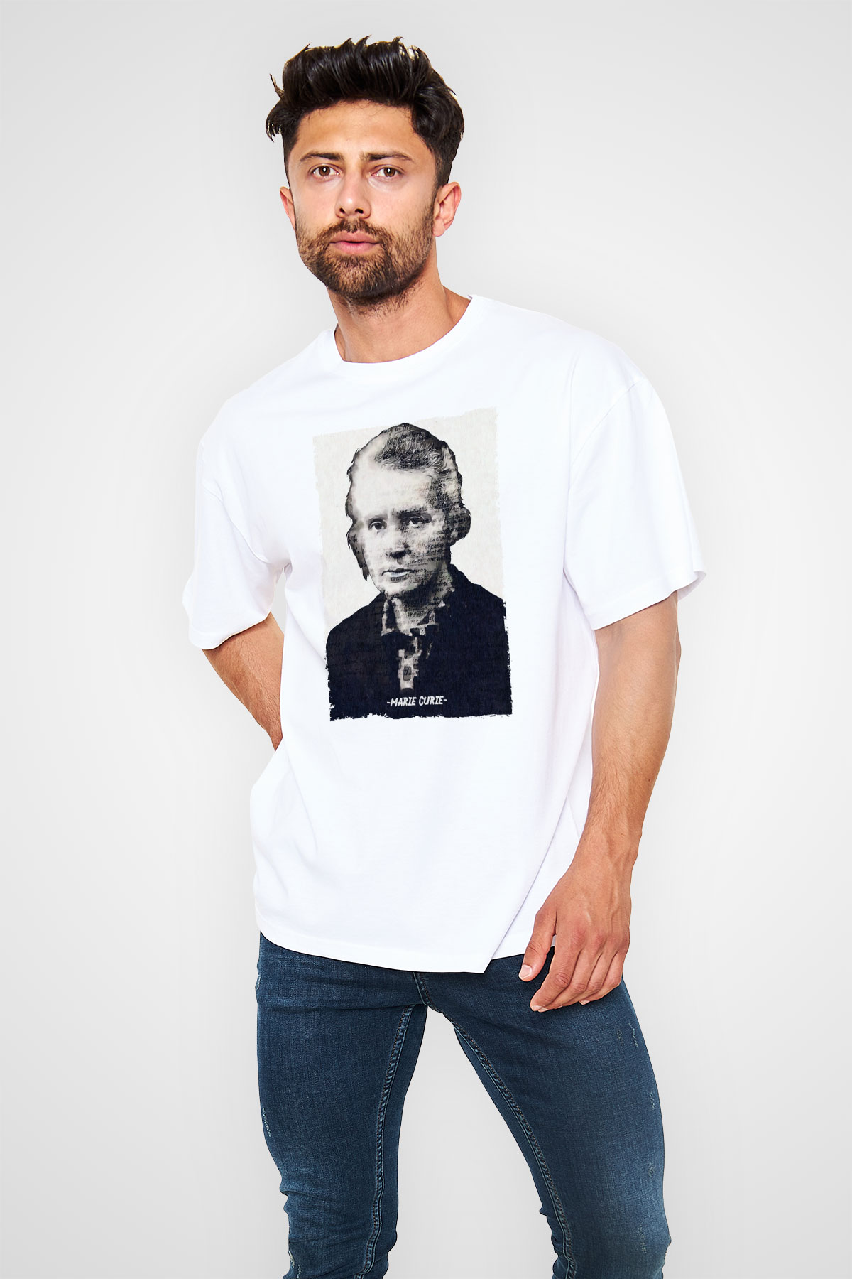 Marie Curie Yazılı Portre Baskılı Unisex Oversize Beyaz Tişört - Tshirt