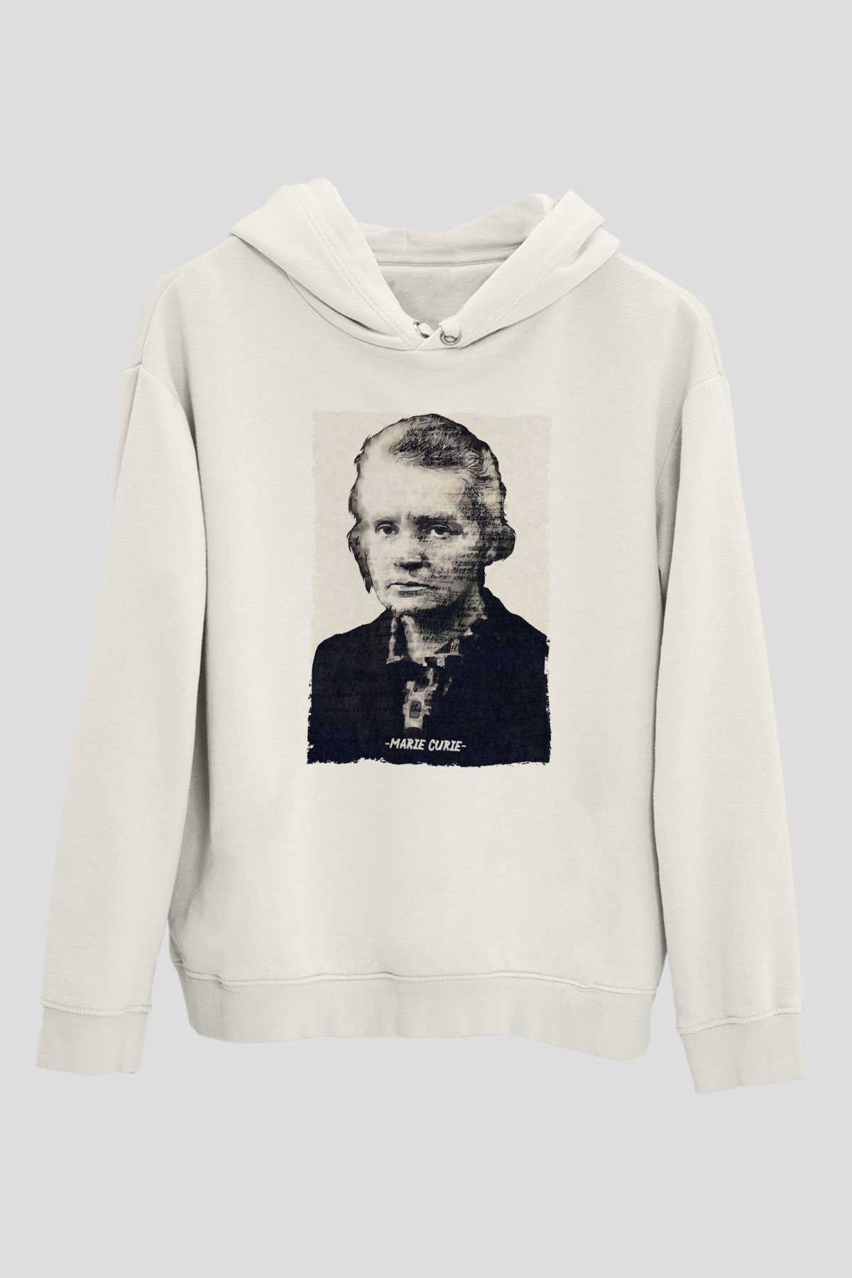 Marie Curie Yazılı Portre Baskılı Unisex Ekru Hoodie
