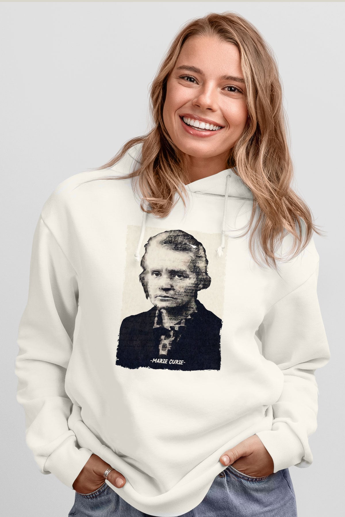 Marie Curie Yazılı Portre Baskılı Unisex Ekru Hoodie