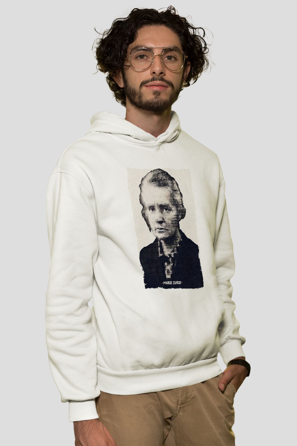 Marie Curie Yazılı Portre Baskılı Unisex Ekru Hoodie