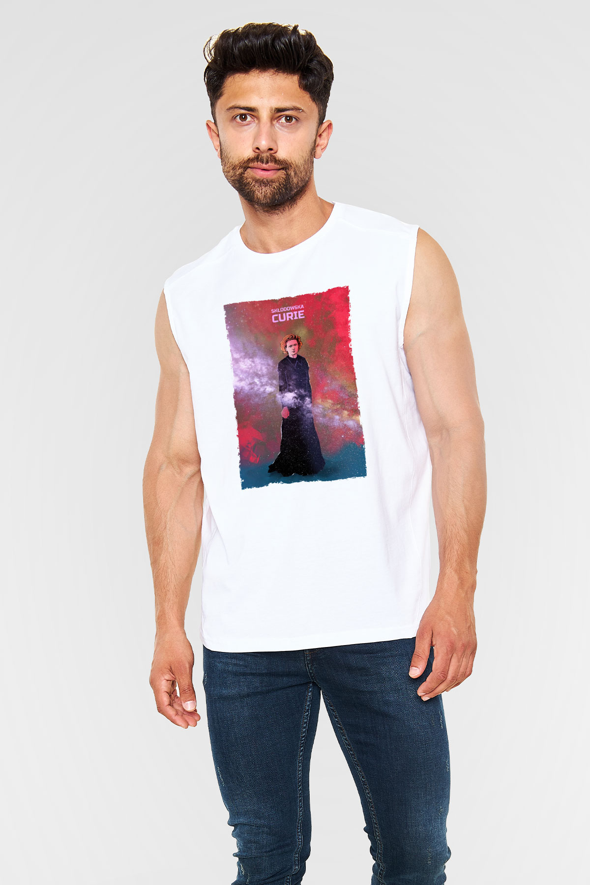 Marie Skłodowska Curie Renkli Baskılı Unisex Kolsuz Beyaz Tişört - Tshirt
