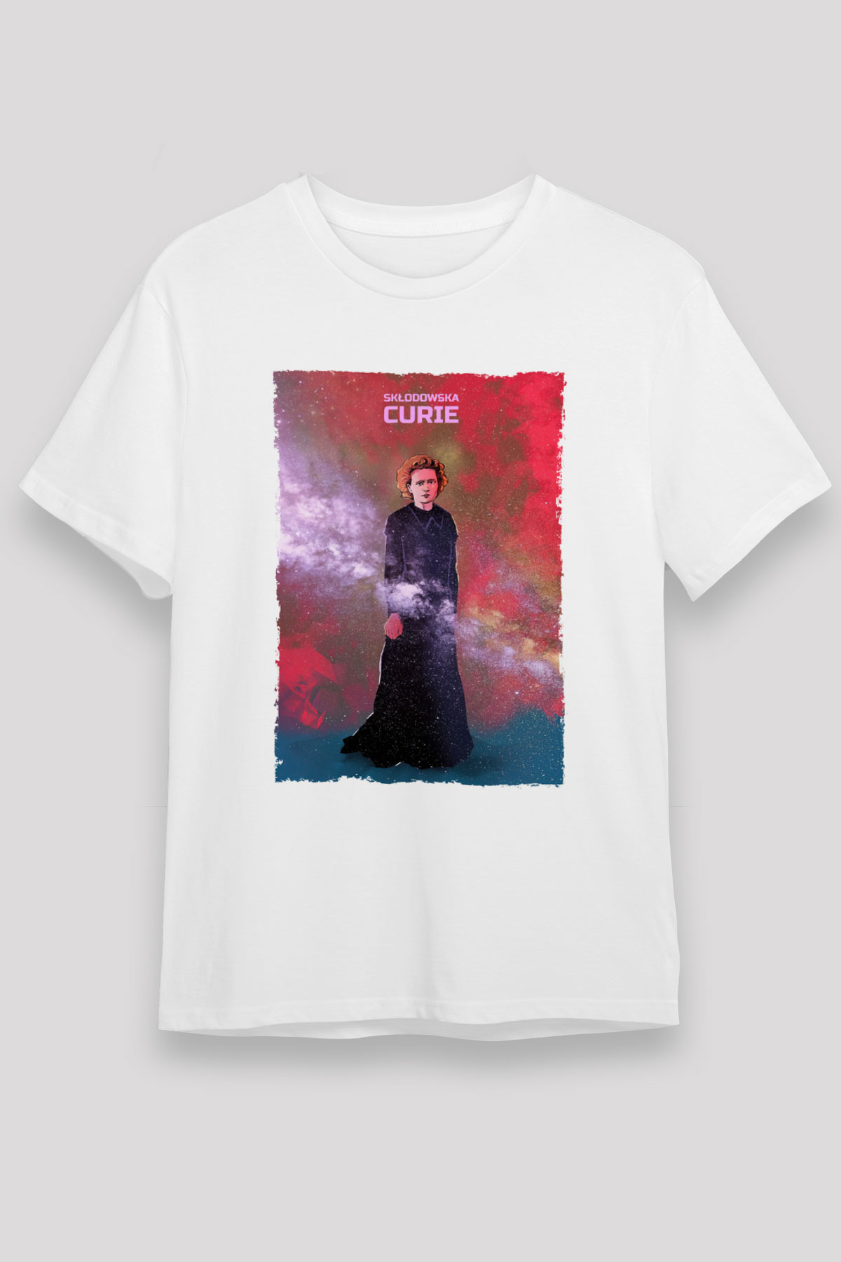 Marie Skłodowska Curie Renkli Baskılı Unisex Beyaz Tişört - Tshirt