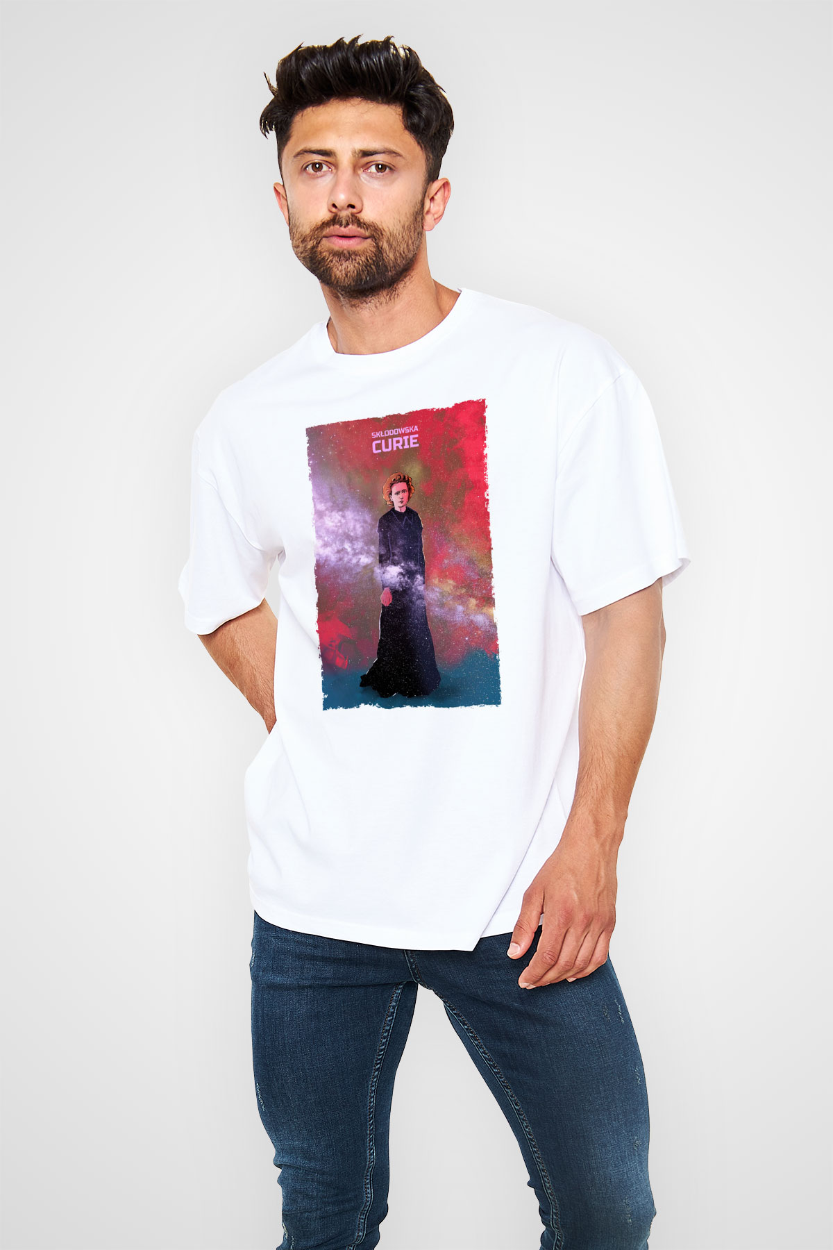 Marie Skłodowska Curie Renkli Baskılı Unisex Oversize Beyaz Tişört - Tshirt