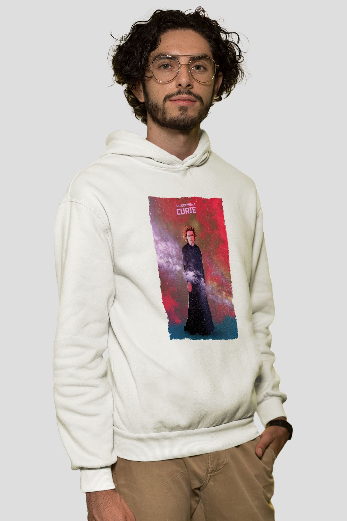 Marie Skłodowska Curie Renkli Baskılı Unisex Ekru Hoodie