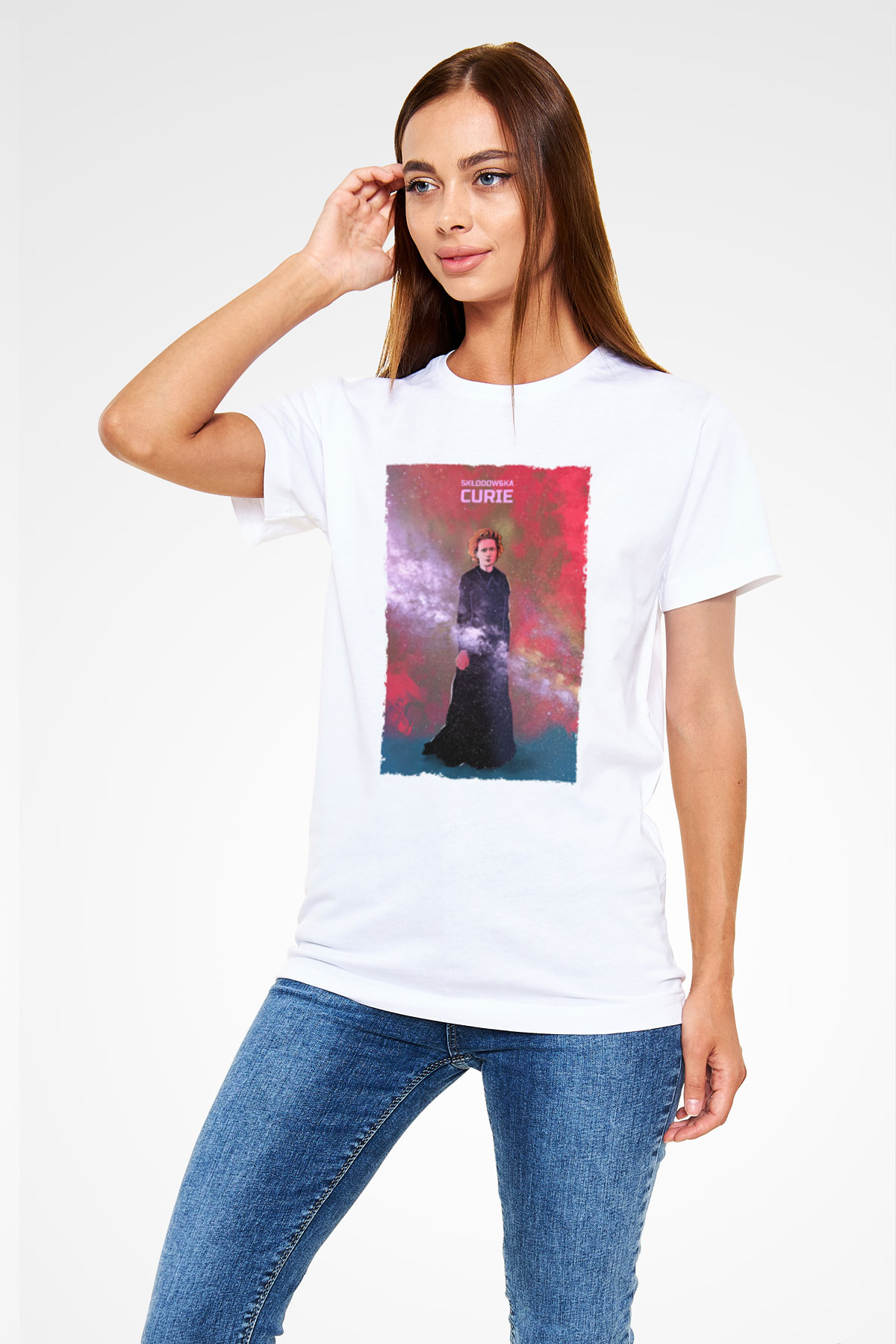Marie Skłodowska Curie Renkli Baskılı Unisex Beyaz Tişört - Tshirt
