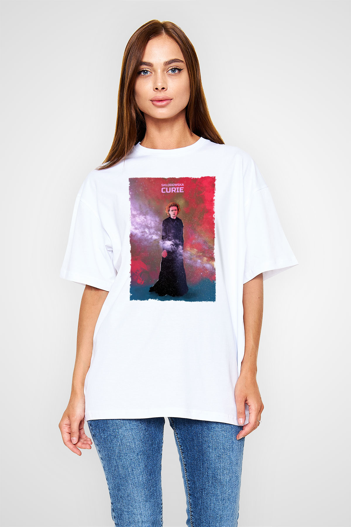 Marie Skłodowska Curie Renkli Baskılı Unisex Oversize Beyaz Tişört - Tshirt