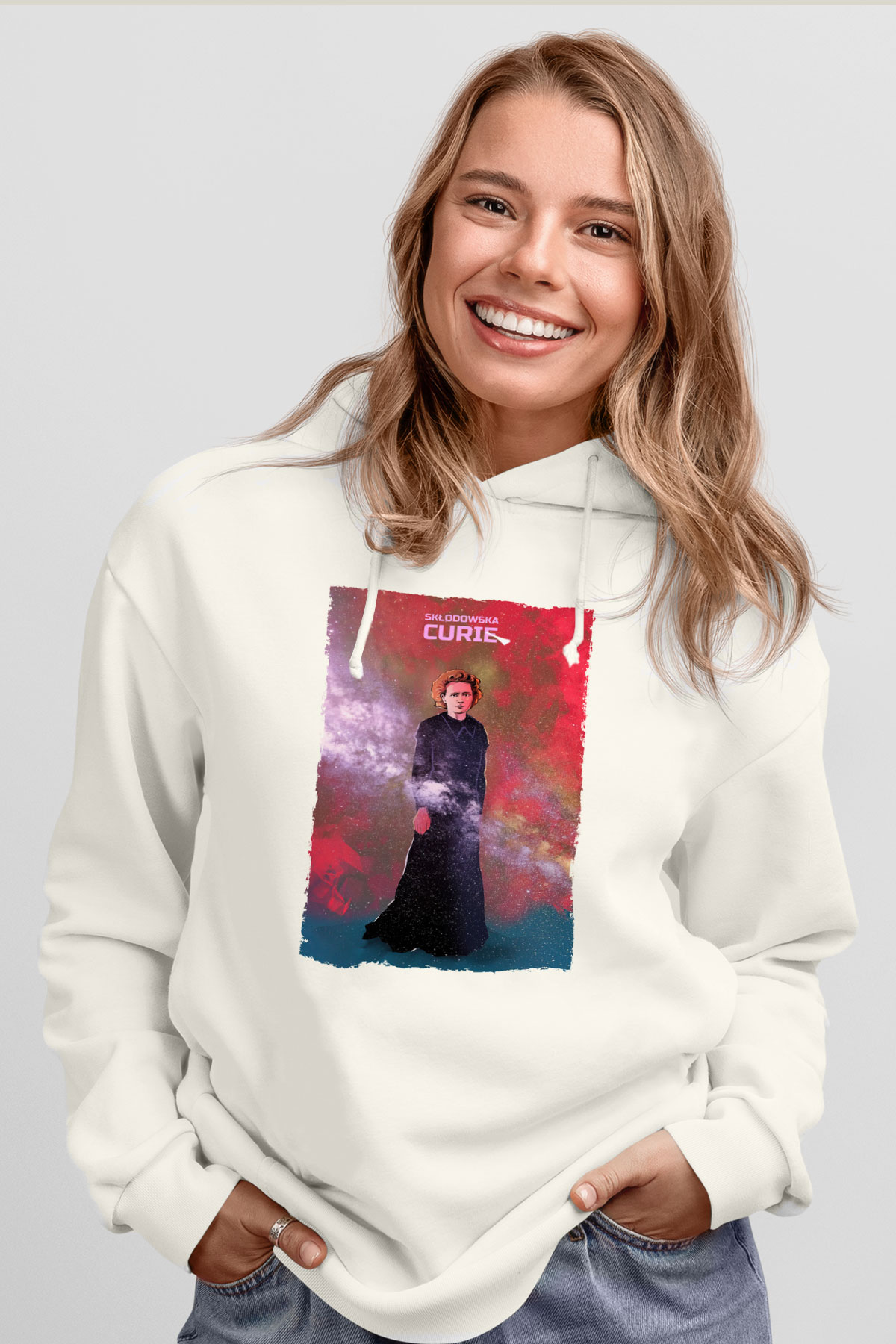 Marie Skłodowska Curie Renkli Baskılı Unisex Ekru Hoodie