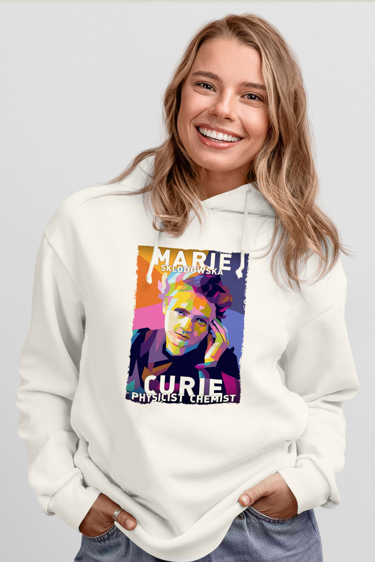 Marie Sklodowska Curie Baskılı Unisex Ekru Hoodie