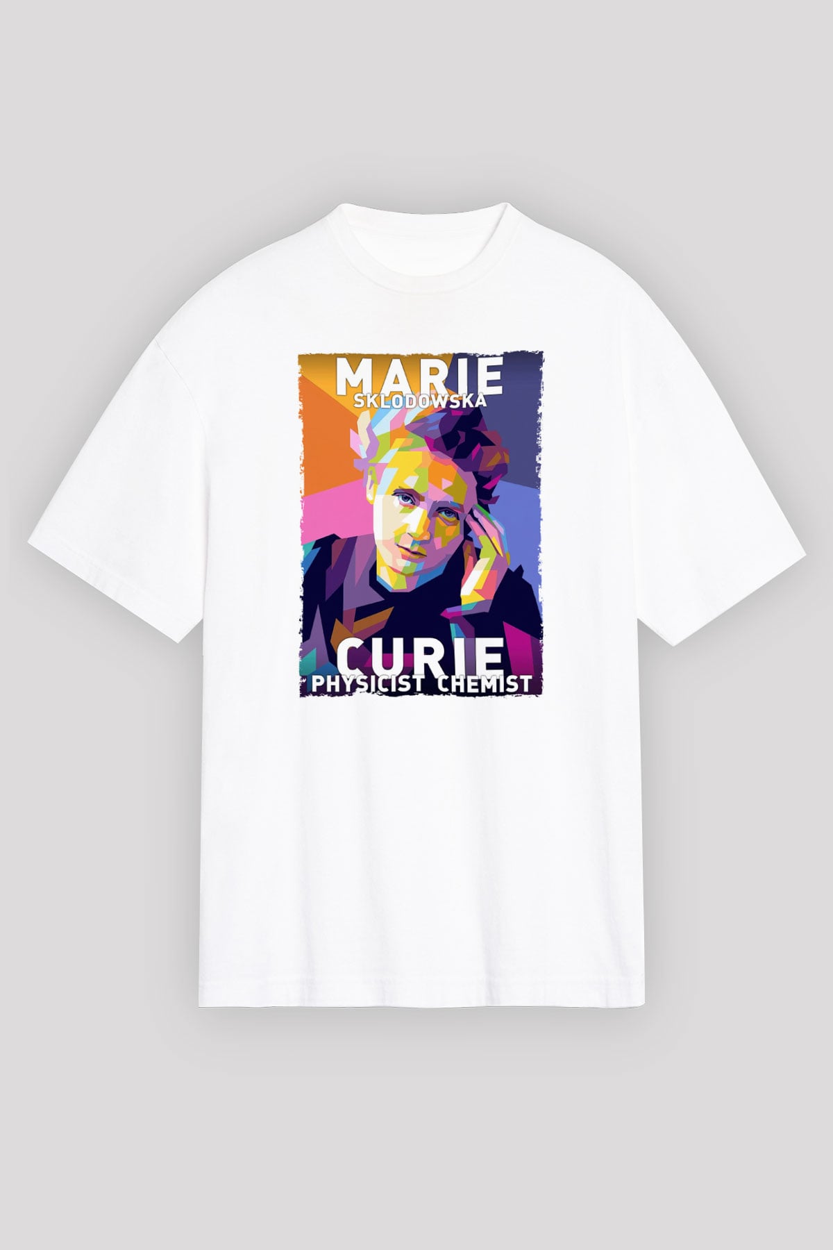 Marie Sklodowska Curie Baskılı Unisex Oversize Beyaz Tişört - Tshirt