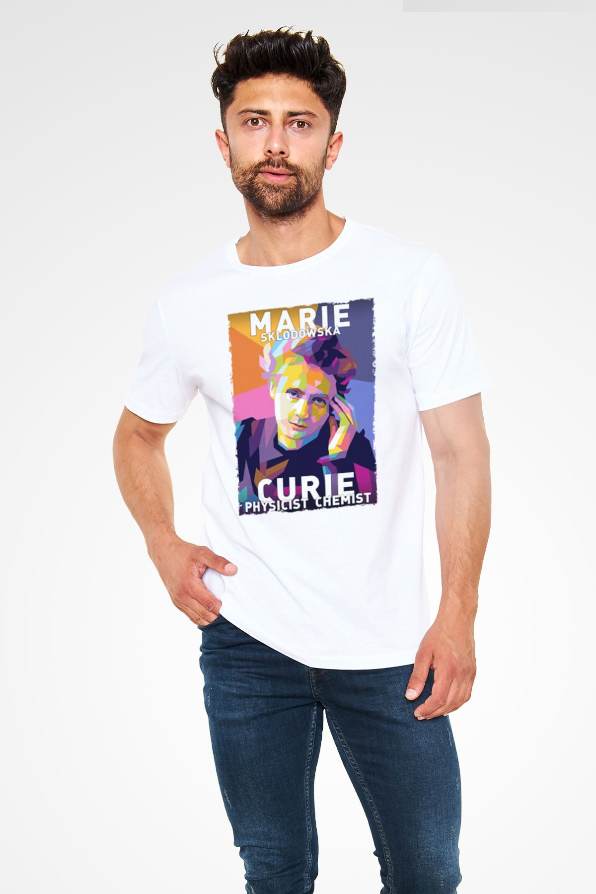 Marie Sklodowska Curie Baskılı Unisex Beyaz Tişört - Tshirt