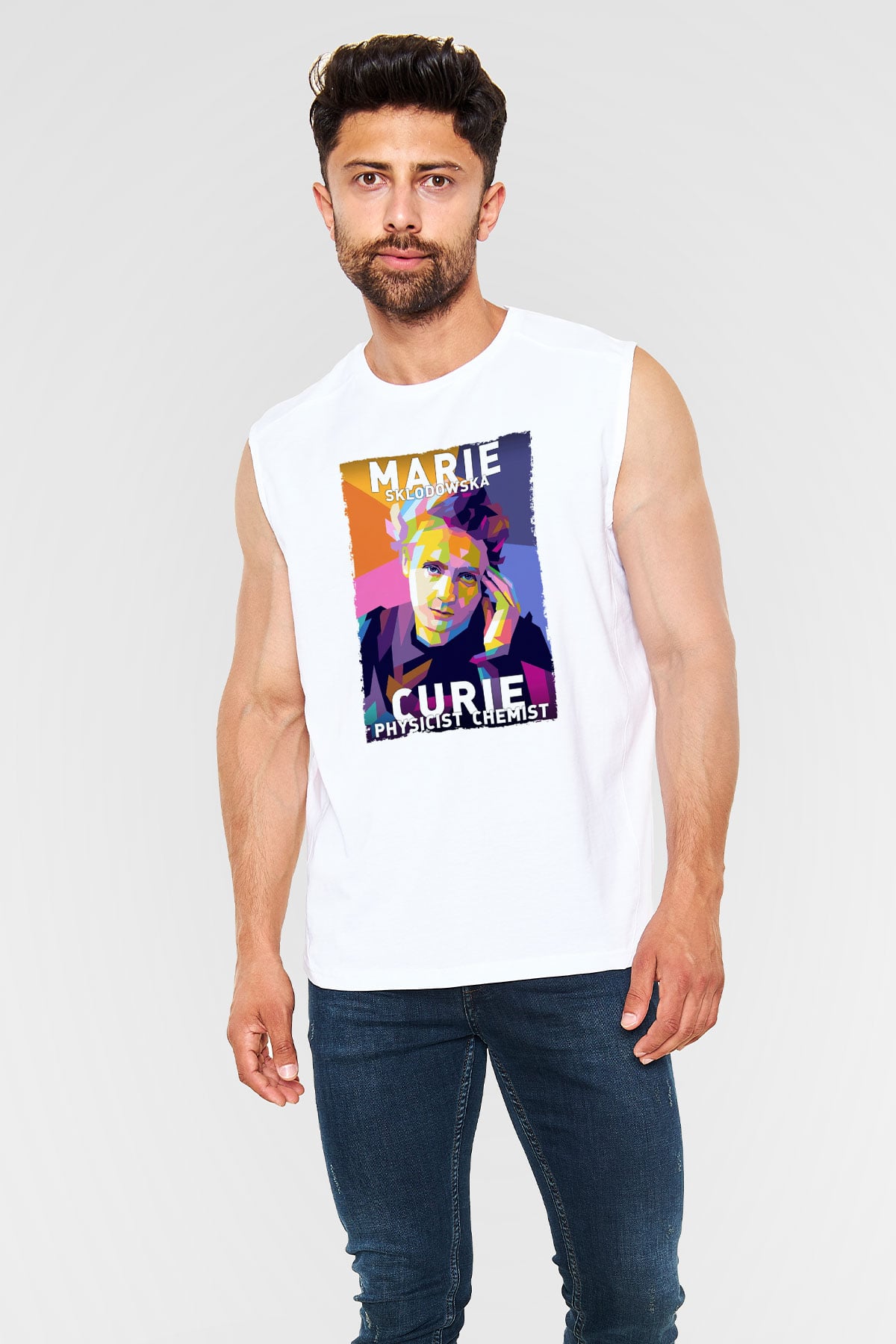 Marie Sklodowska Curie Baskılı Unisex Kolsuz Beyaz Tişört - Tshirt