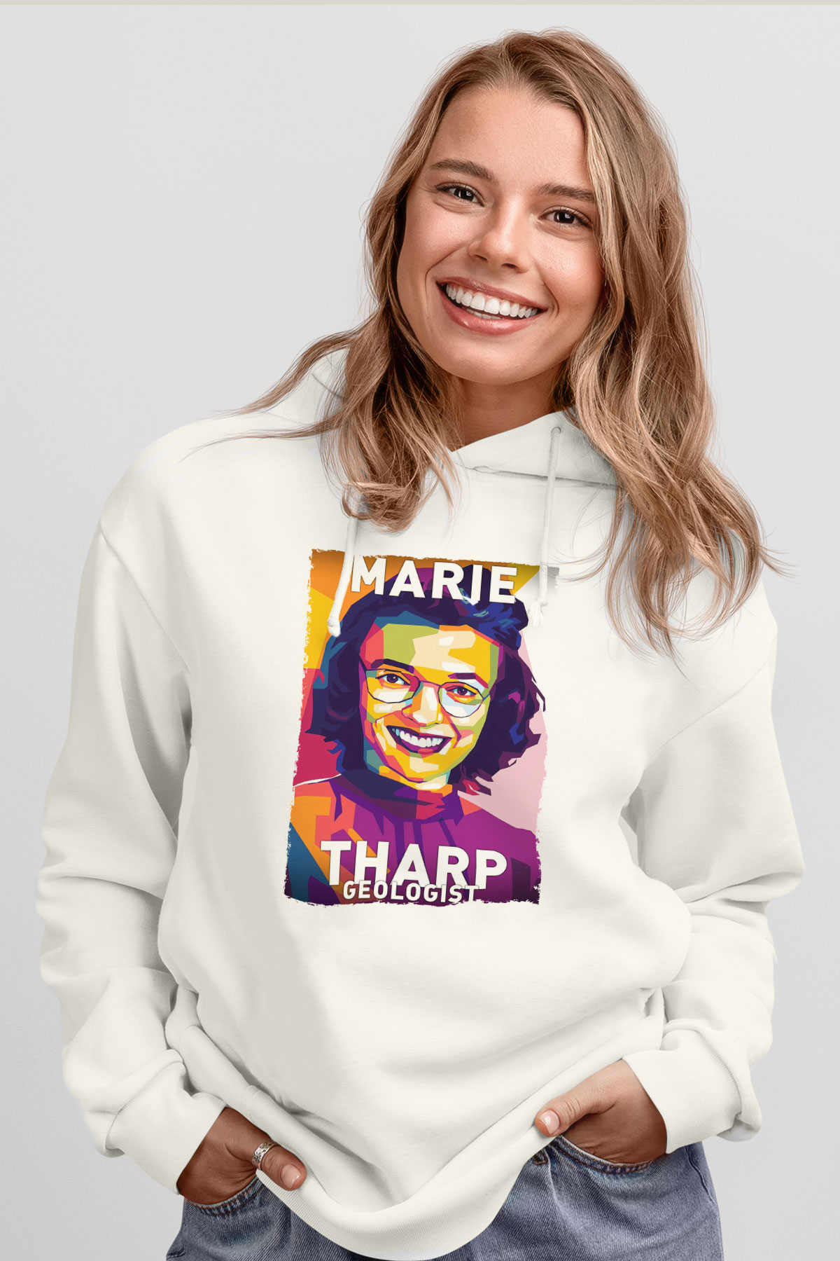 Marie Tharp Baskılı Unisex Ekru Hoodie