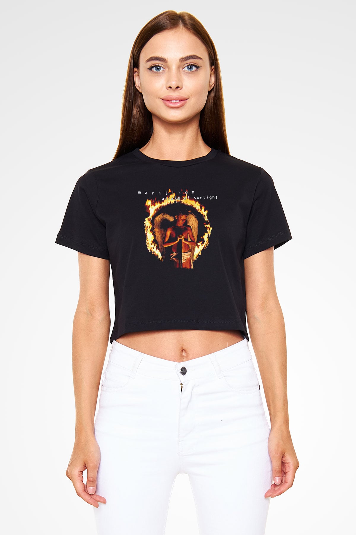 Marillion Baskılı Siyah Crop Top Kadın Tişört - Tshirt