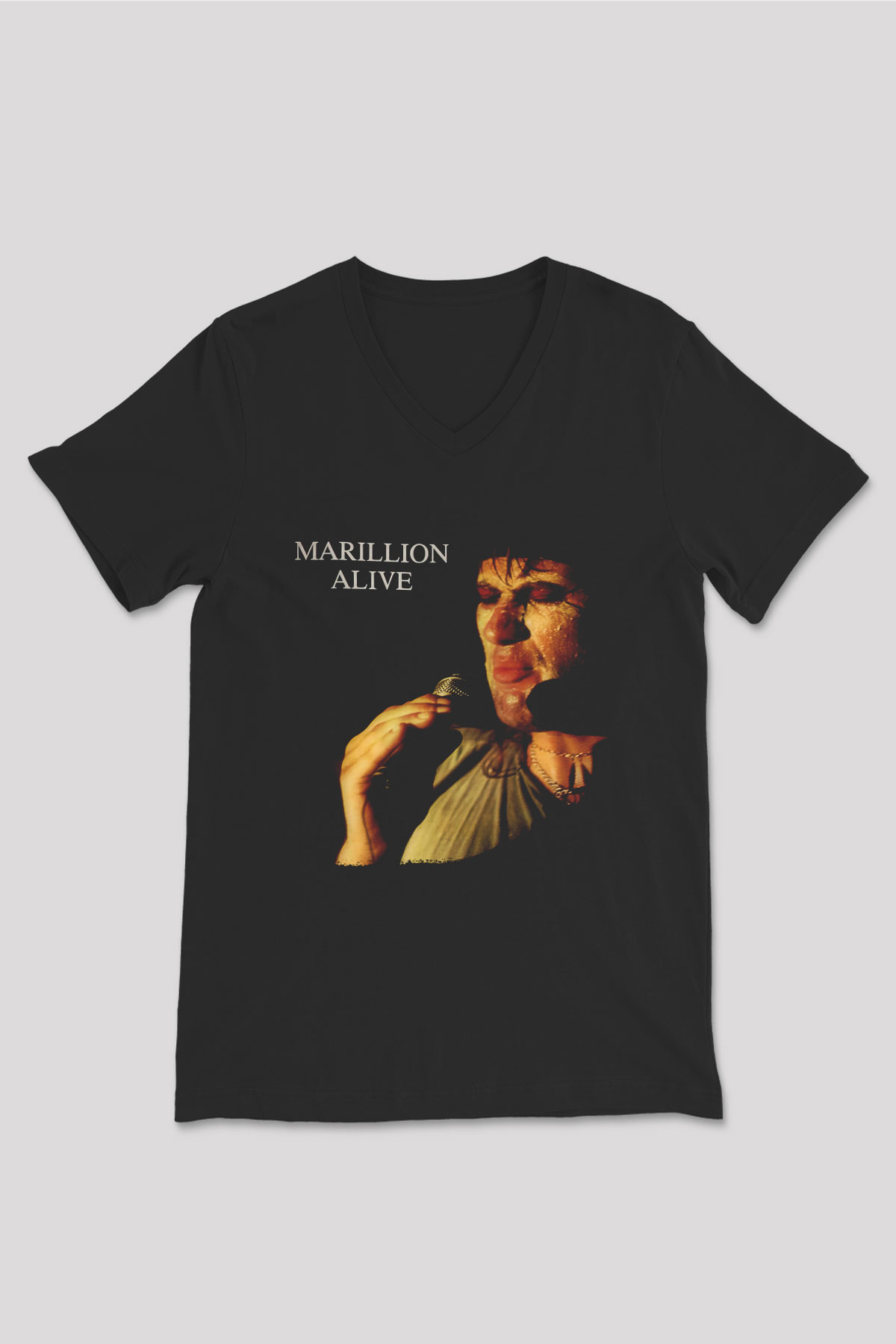 Marillion Baskılı Unisex Siyah V Yaka Tişört - Tshirt