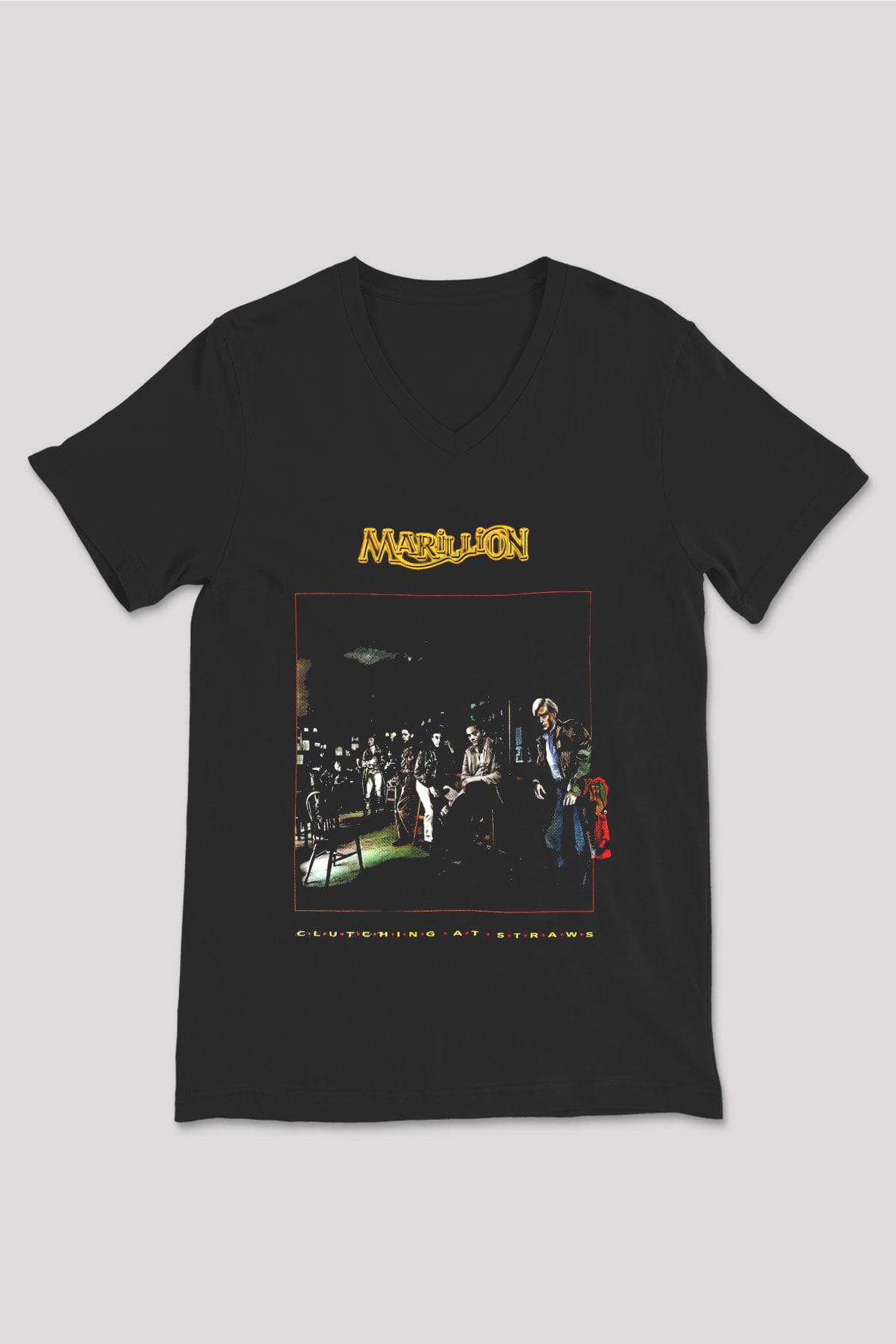 Marillion Baskılı Unisex Siyah V Yaka Tişört - Tshirt