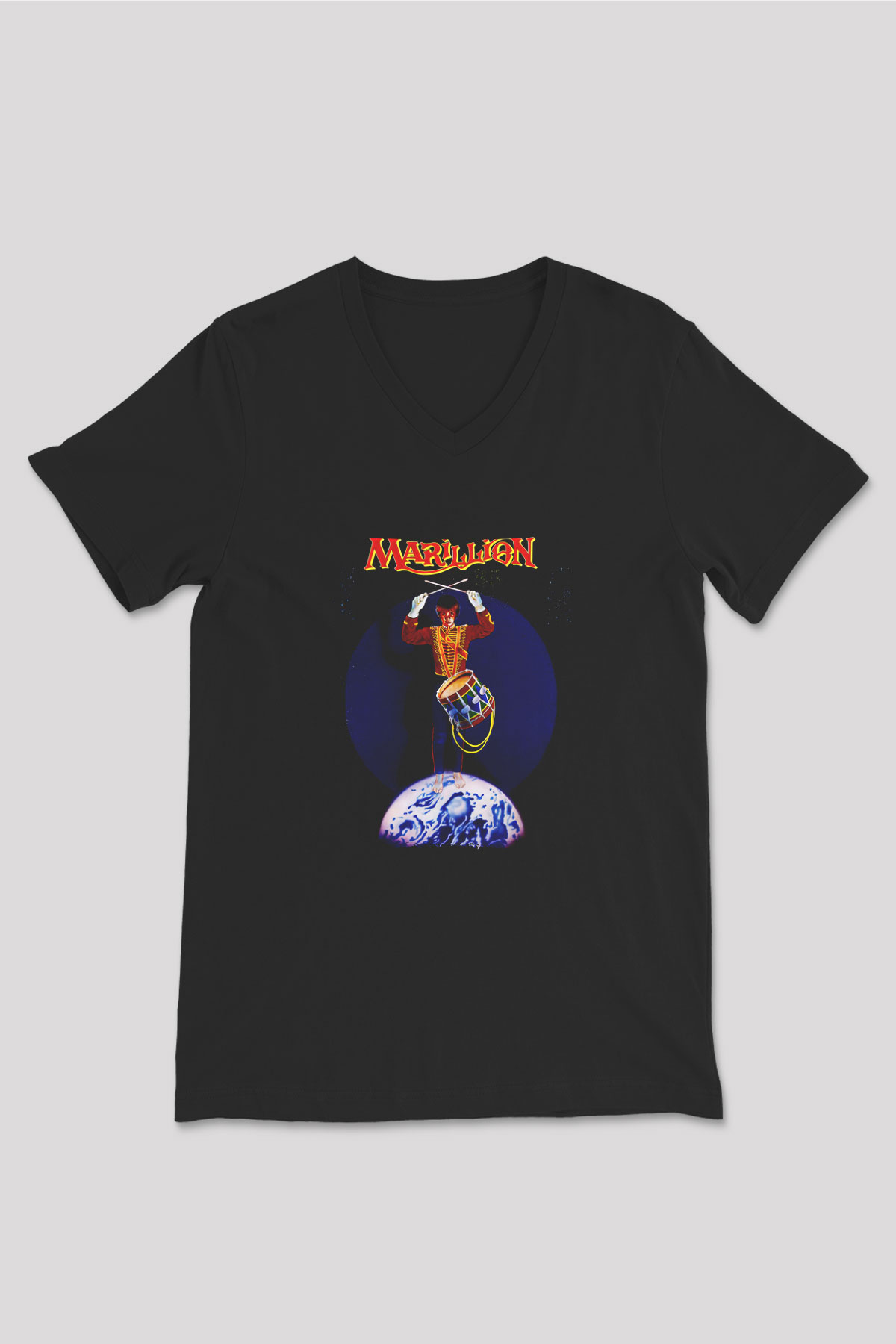 Marillion Baskılı Unisex Siyah V Yaka Tişört - Tshirt