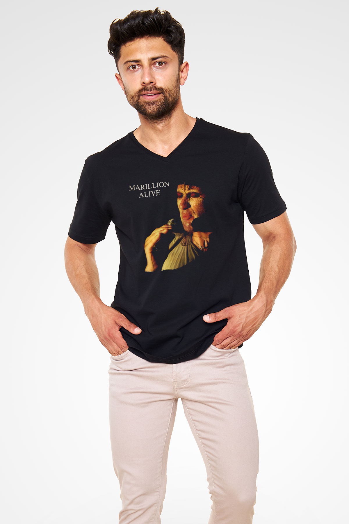 Marillion Baskılı Unisex Siyah V Yaka Tişört - Tshirt