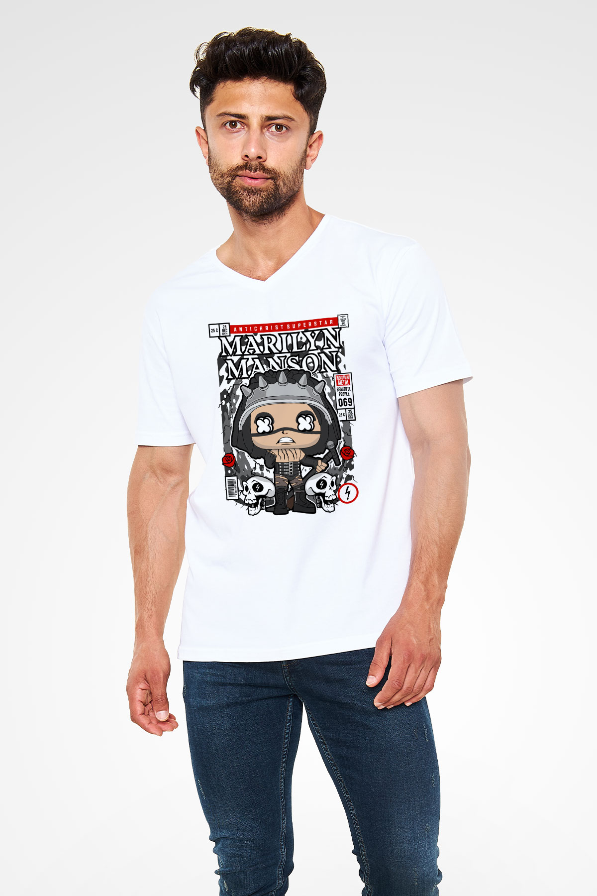 Marilyn Manson Baskılı Unisex Beyaz V Yaka Tişört