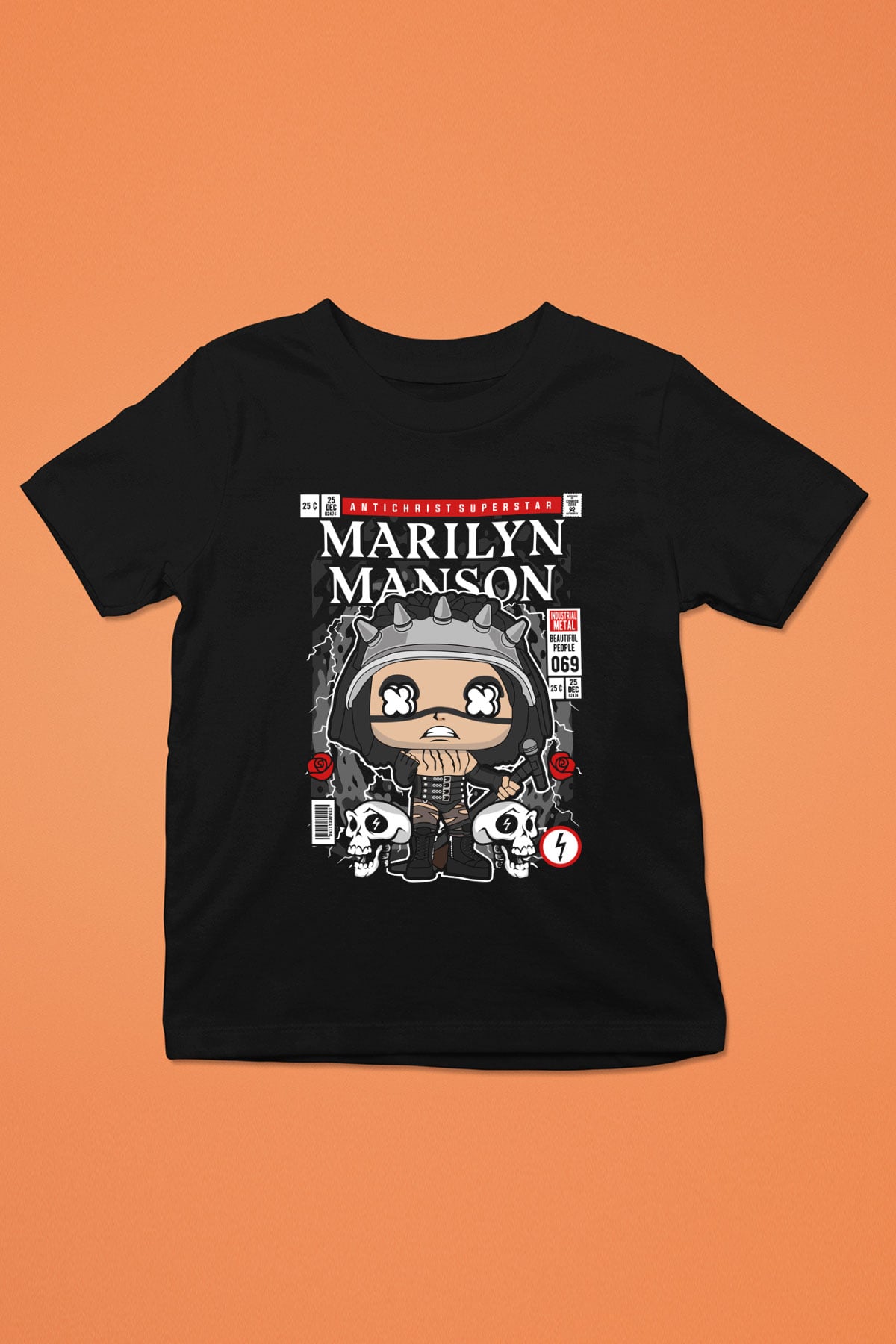 Marilyn Manson Baskılı Unisex Siyah Çocuk Tişört