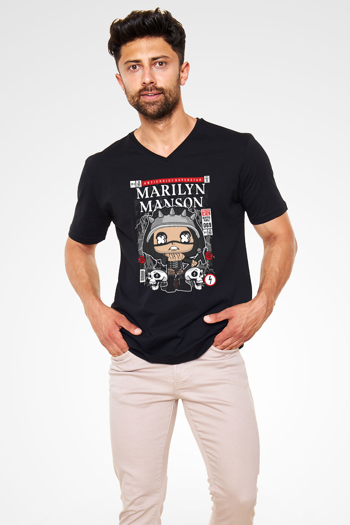 Marilyn Manson Baskılı Unisex Siyah V Yaka Tişört