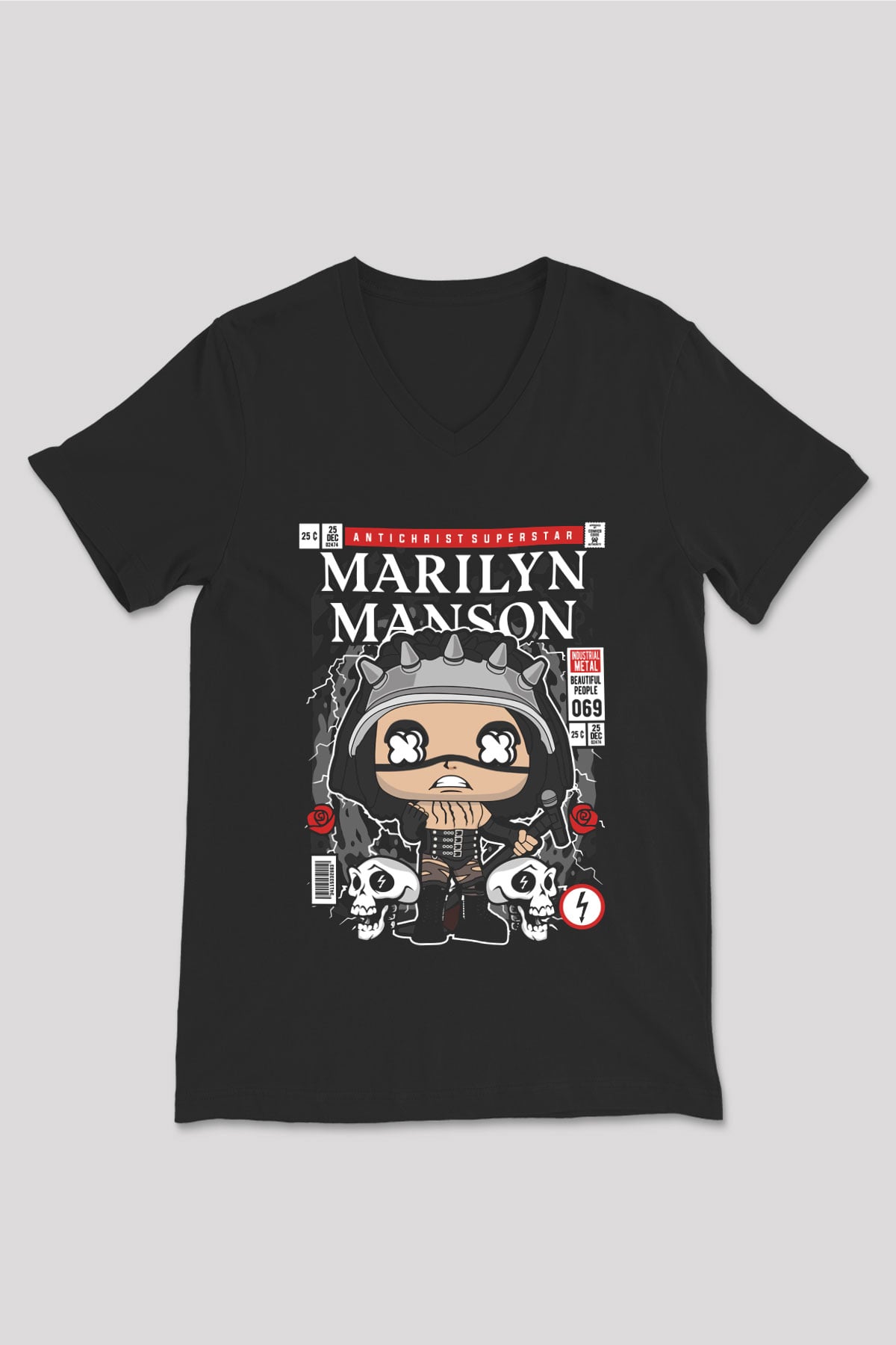 Marilyn Manson Baskılı Unisex Siyah V Yaka Tişört