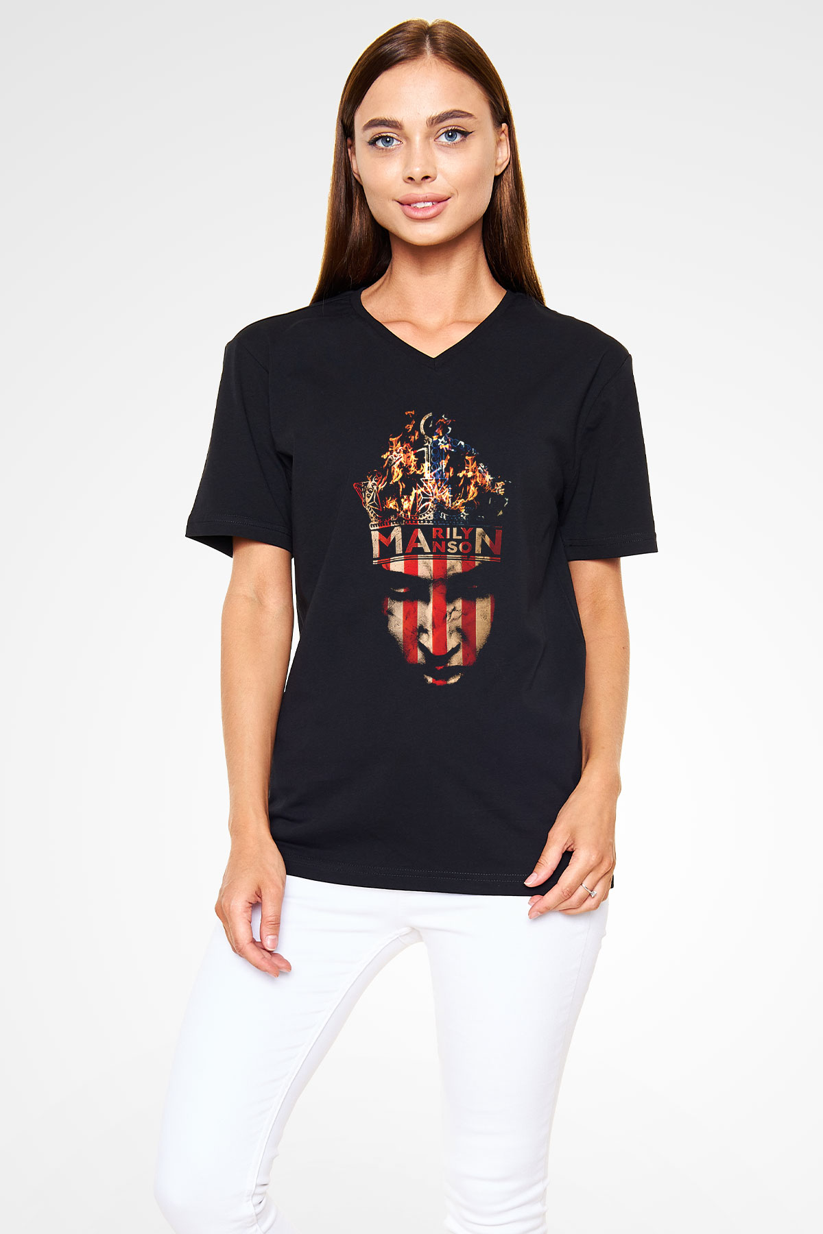 Marilyn Manson Siyah Unisex V Yaka Tişört T-Shirt
