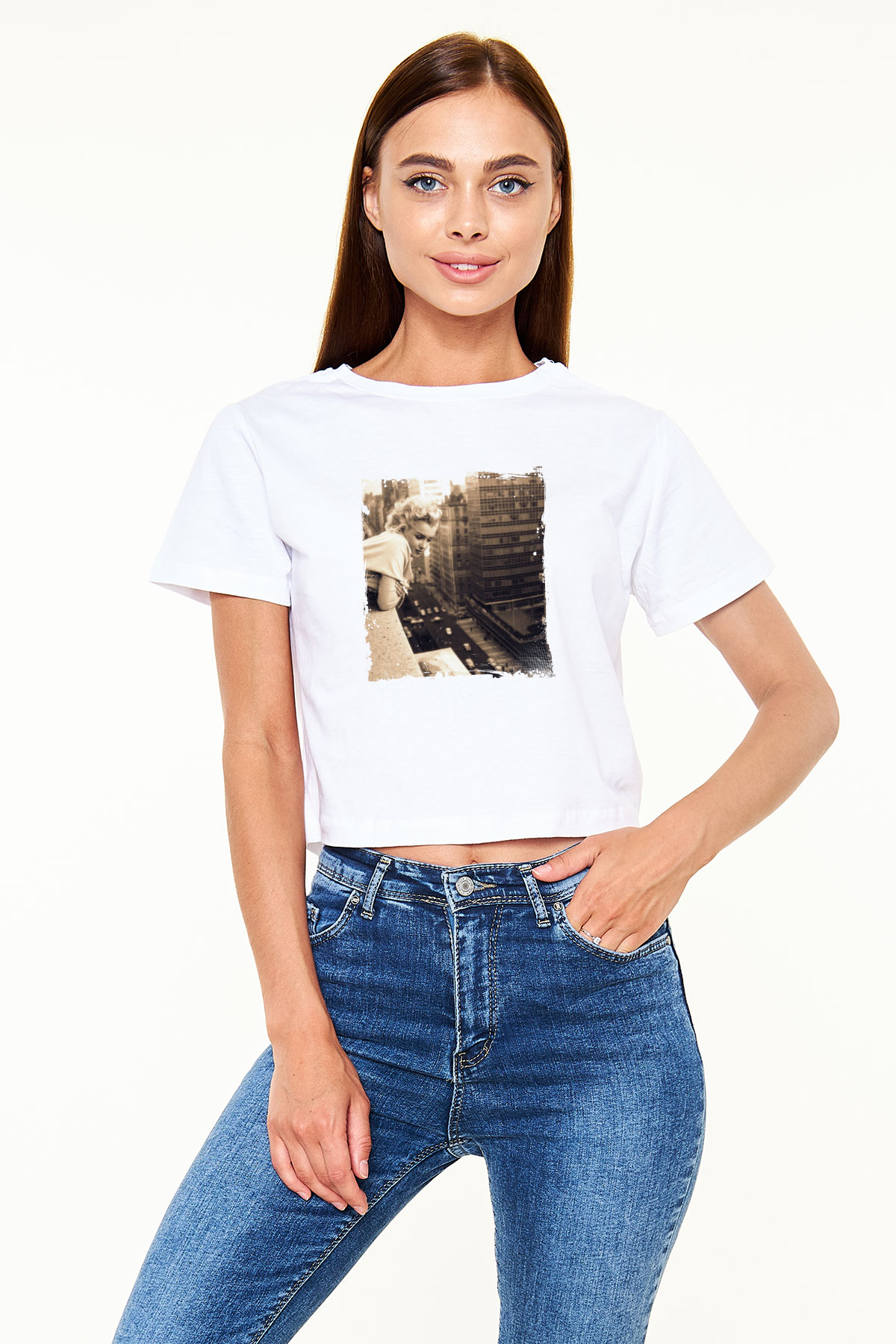 Marilyn Monroe Baskılı Beyaz Kadın Crop Top Tişört