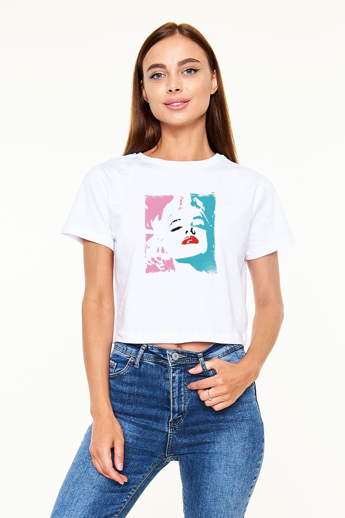 Marilyn Monroe Baskılı Beyaz Kadın Crop Top Tişört