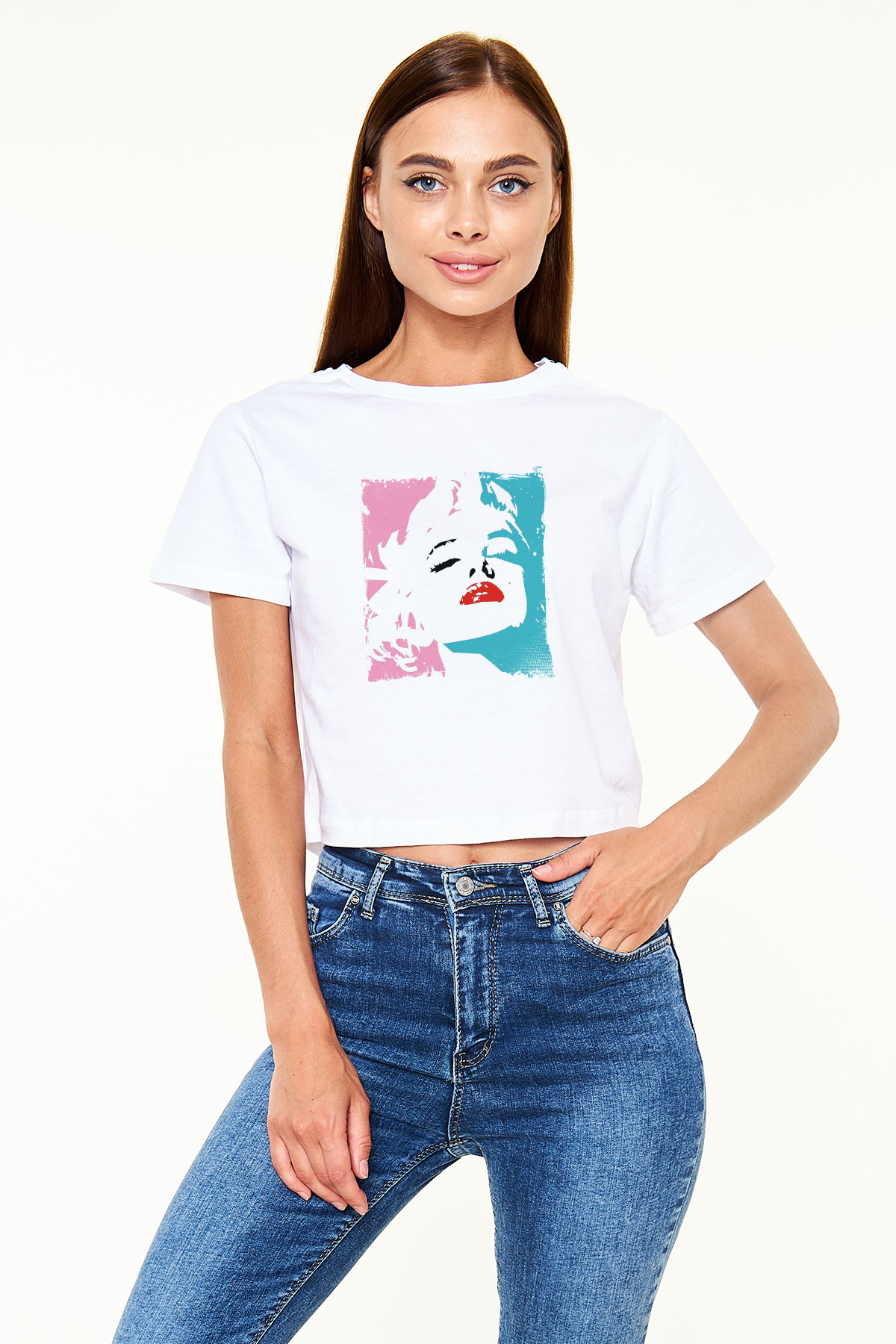 Marilyn Monroe Baskılı Beyaz Kadın Crop Top Tişört