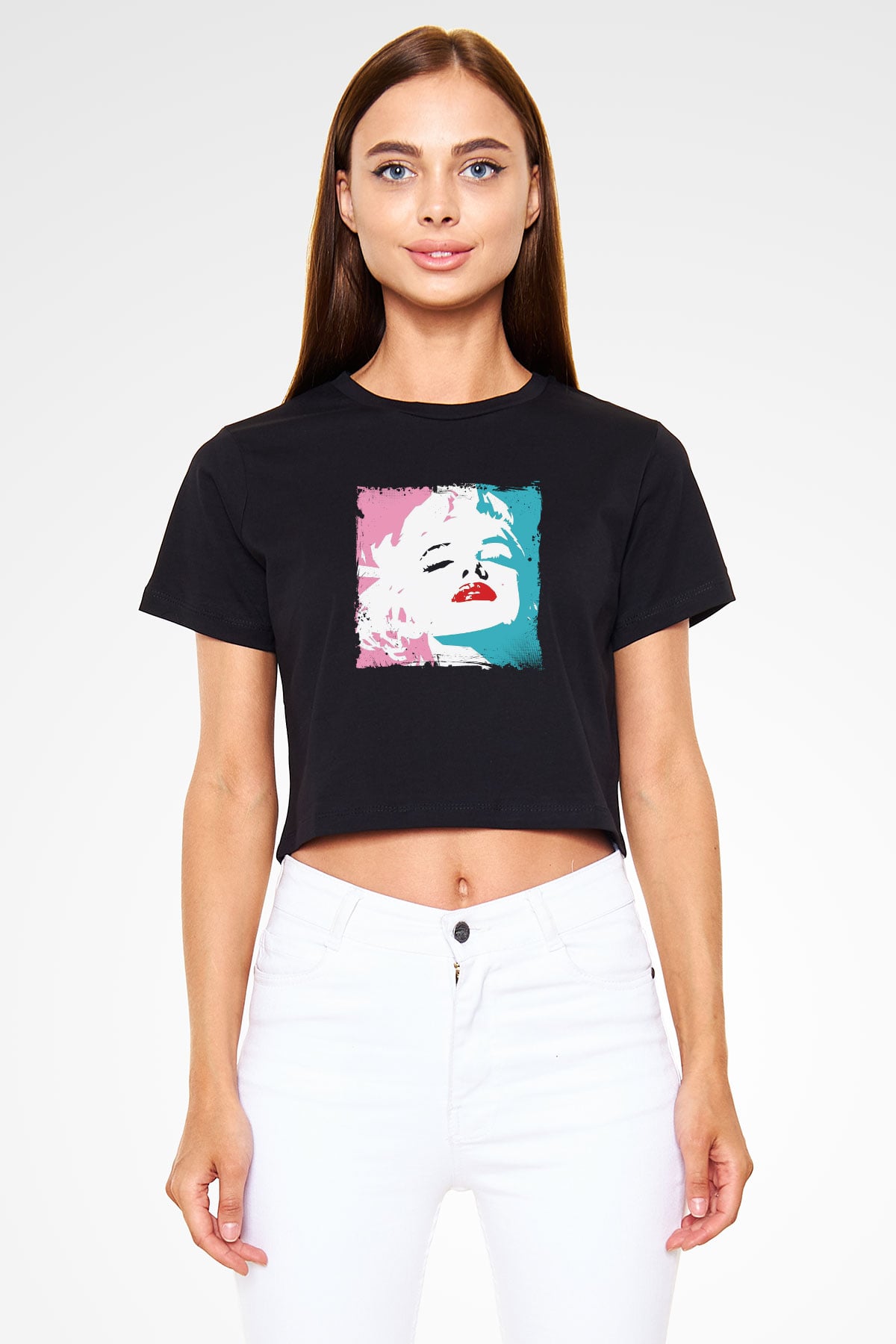 Marilyn Monroe Baskılı Siyah Kadın Crop Top Tişört
