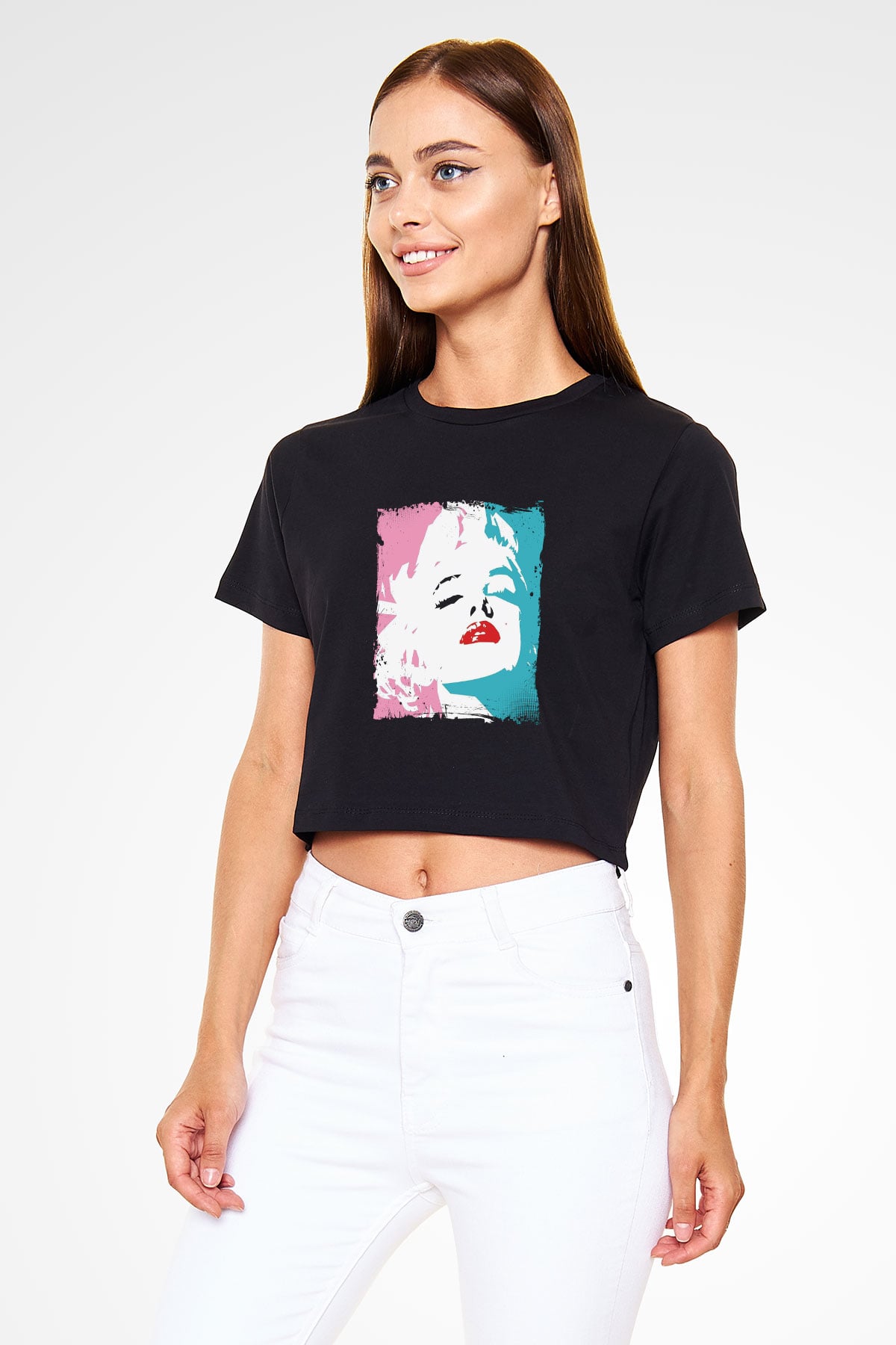 Marilyn Monroe Baskılı Siyah Kadın Crop Top Tişört