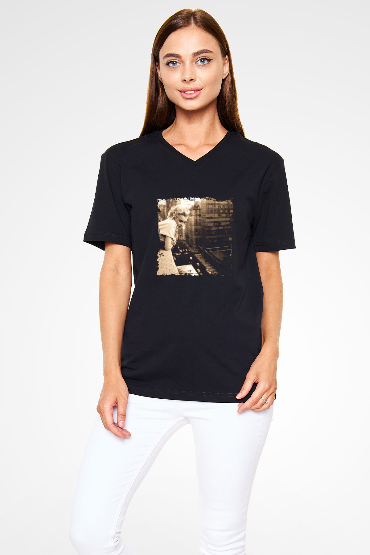 Marilyn Monroe Baskılı Unisex Siyah V Yaka Tişört