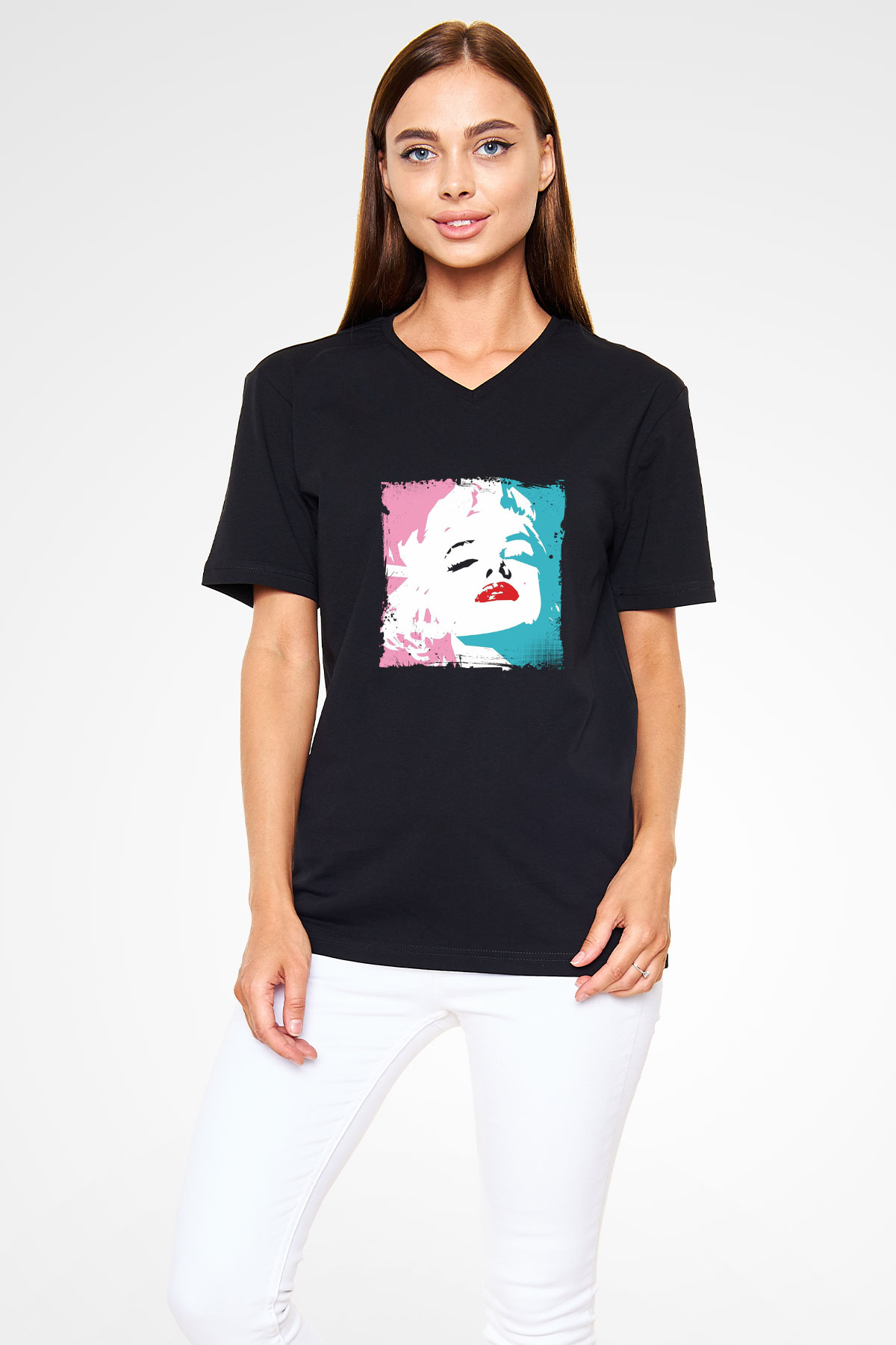 Marilyn Monroe Baskılı Unisex Siyah V Yaka Tişört