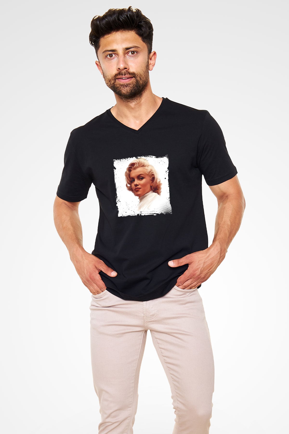 Marilyn Monroe Baskılı Unisex Siyah V Yaka Tişört