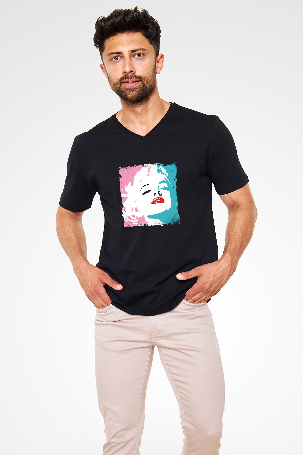 Marilyn Monroe Baskılı Unisex Siyah V Yaka Tişört