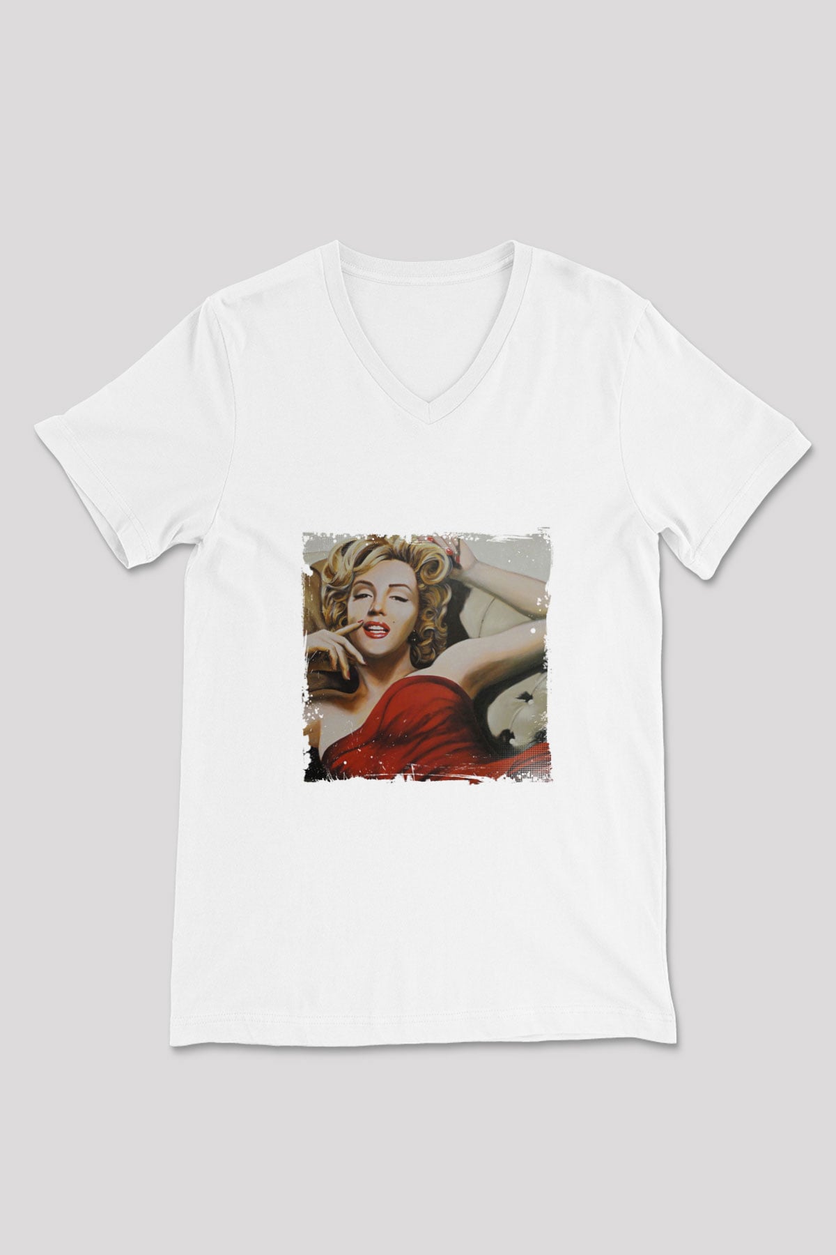 Marilyn Monroe Baskılı V Yaka Unisex Beyaz Tişört