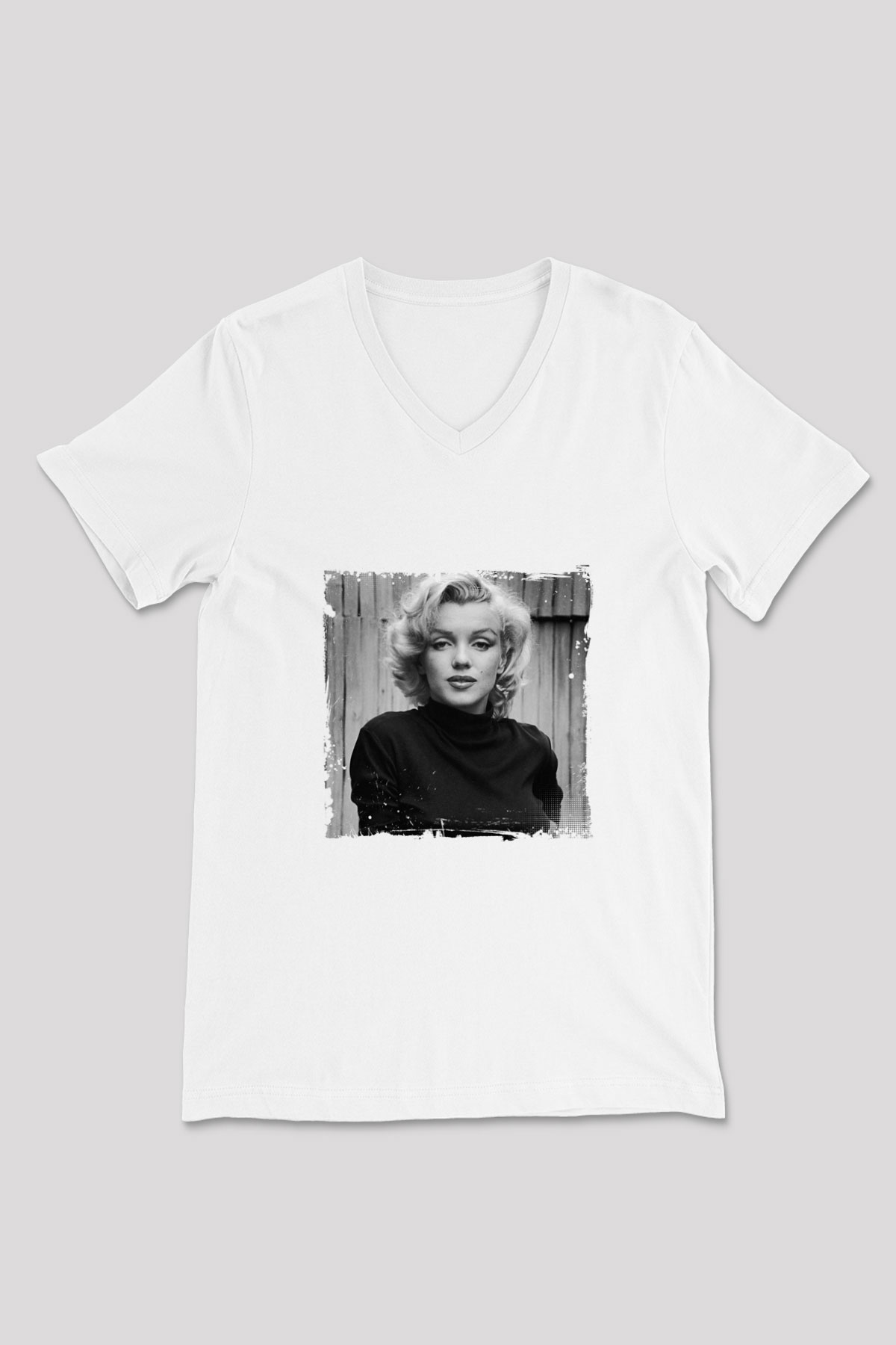 Marilyn Monroe Baskılı V Yaka Unisex Beyaz Tişört