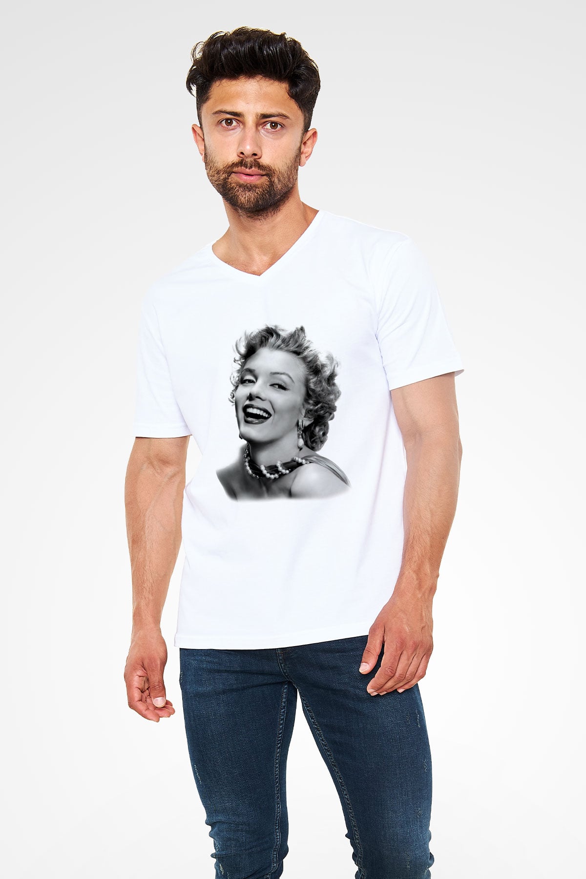 Marilyn Monroe Beyaz Unisex V Yaka Tişört T-Shirt